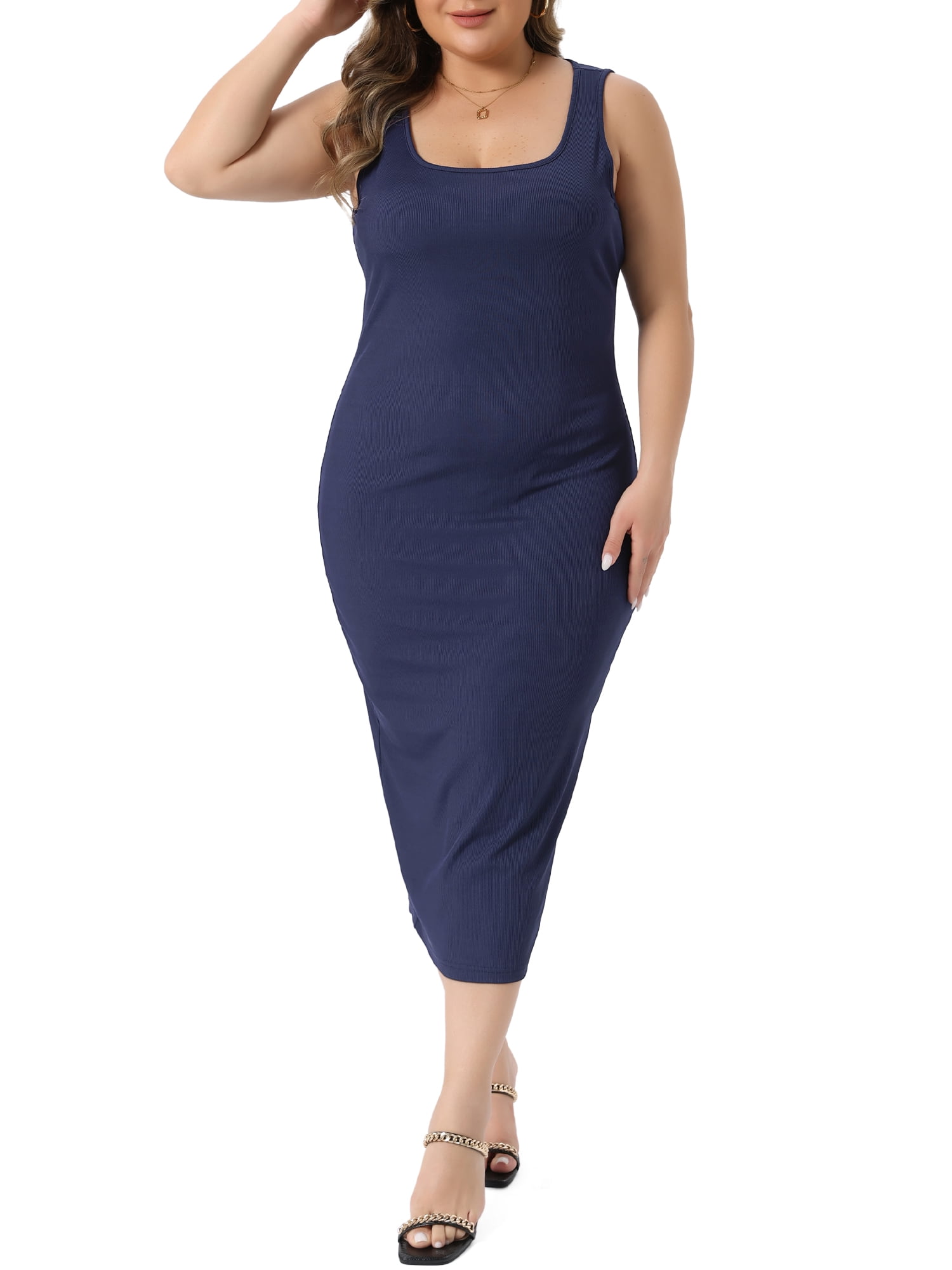 DARING DIVA Women's Plus Size Sleeveless Square Neck Bodycon Midi Tank Dress 4X Navy Blue
