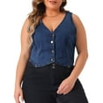 thumbnail image 1 of DARING DIVA Women's Plus Size Sleeveless V Neck Button Down Casual Denim Vest 1X Blue, 1 of 6