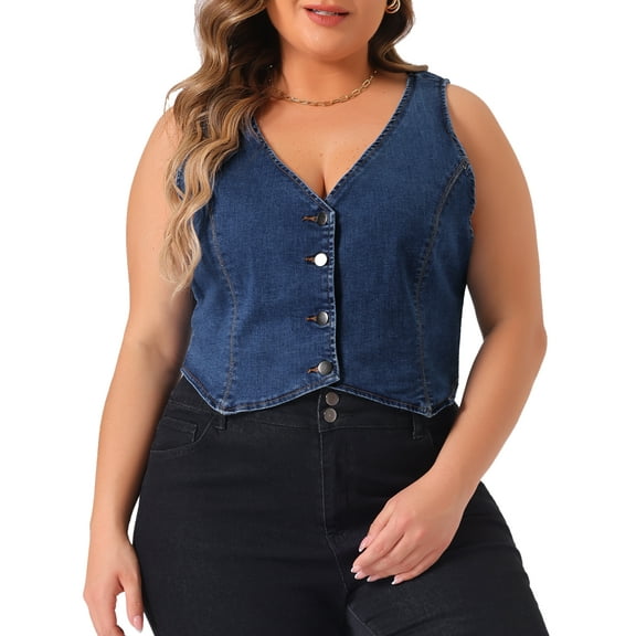 DARING DIVA Women's Plus Size Sleeveless V Neck Button Down Casual Denim Vest 1X Blue