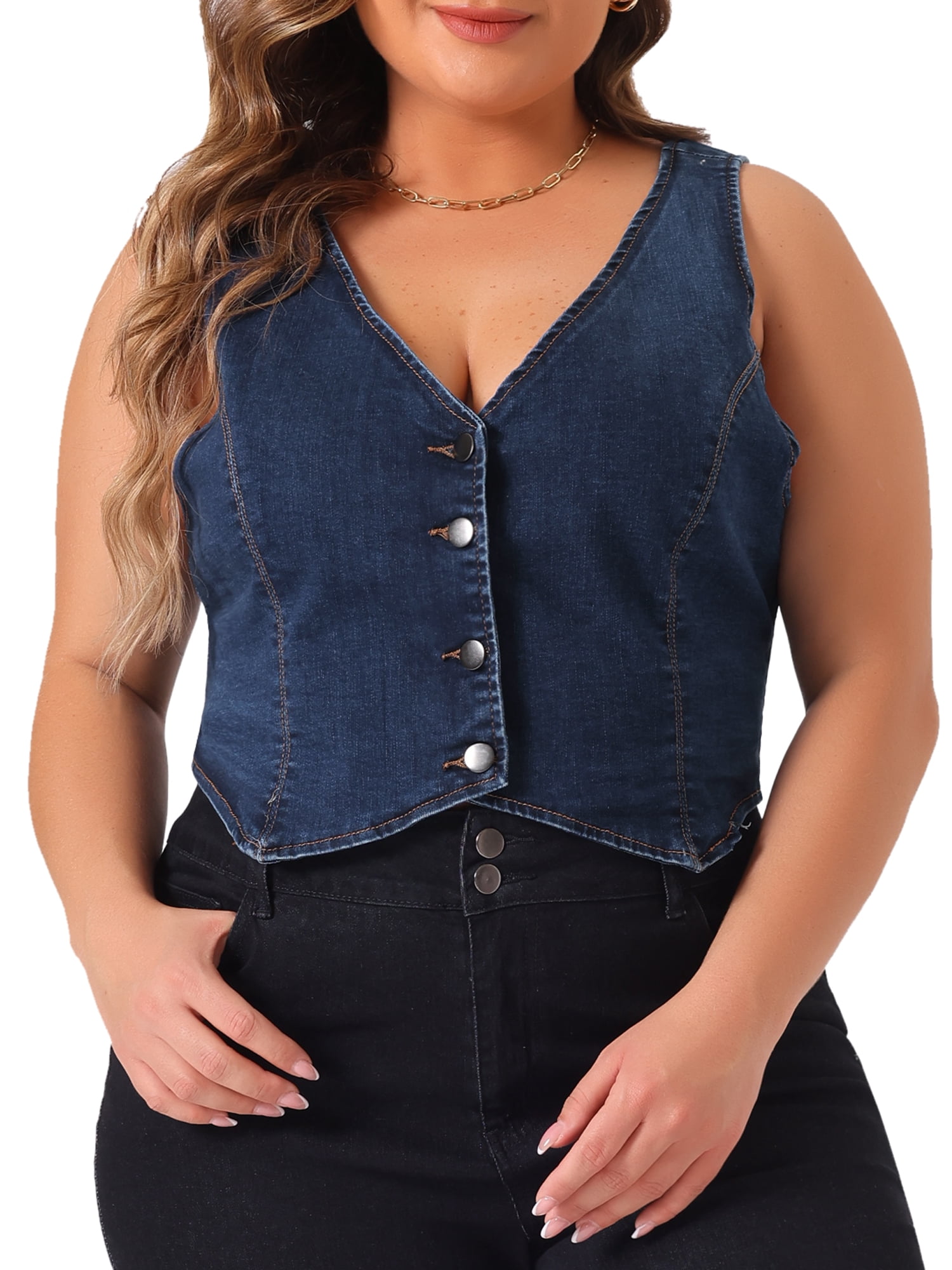 DARING DIVA Women's Plus Size Sleeveless V Neck Button Down Casual Denim Vest 1X Dark Blue