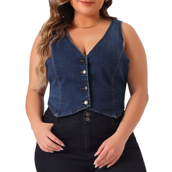 DARING DIVA Women's Plus Size Sleeveless V Neck Button Down Casual Denim Vest 1X Dark Blue