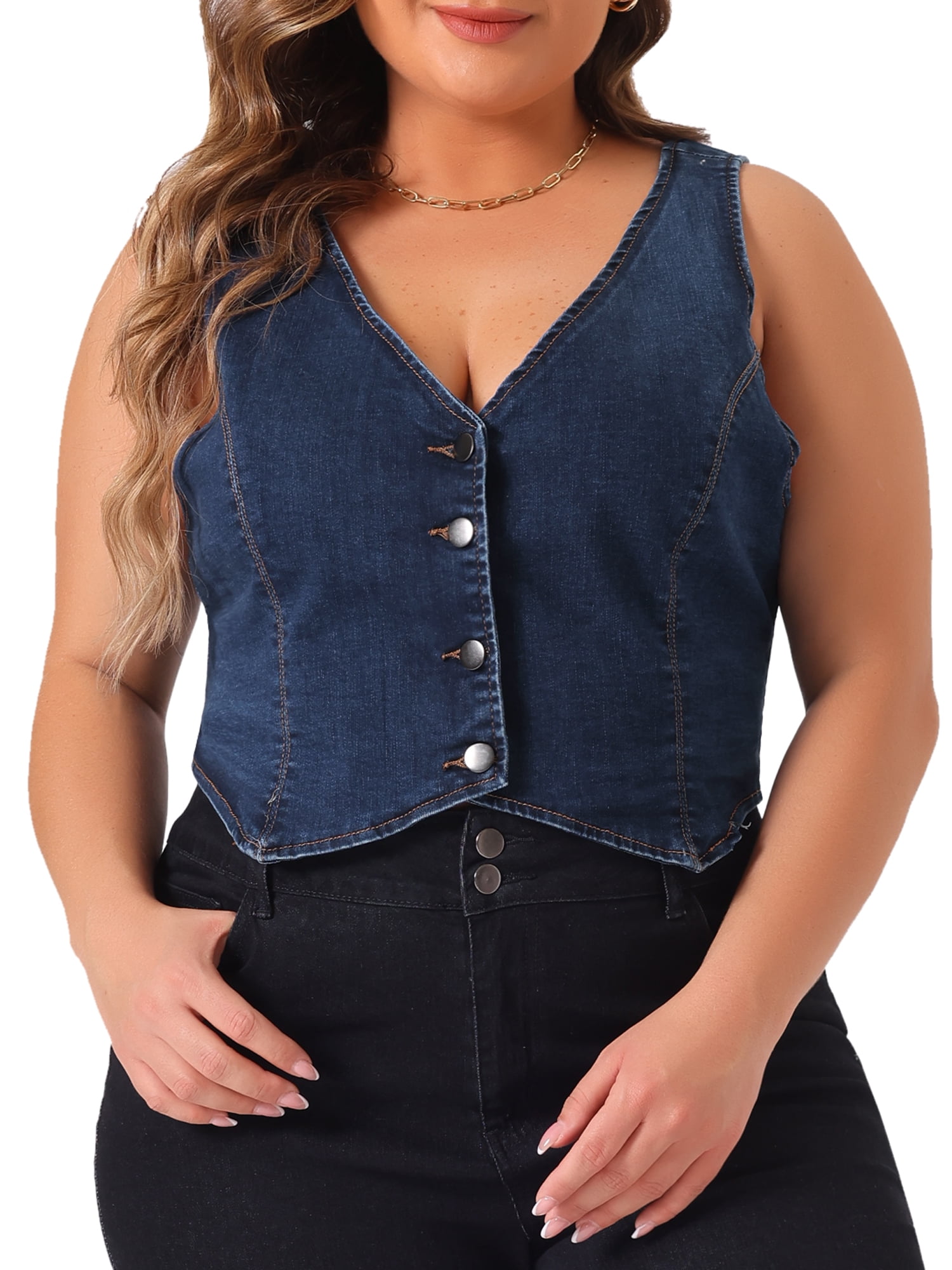 DARING DIVA Women's Plus Size Sleeveless V Neck Button Down Casual Denim Vest 2X Dark Blue