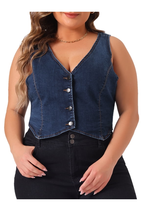 Women's Plus Size Sleeveless V Neck Button Down Casual Denim Vest 2X Dark Blue