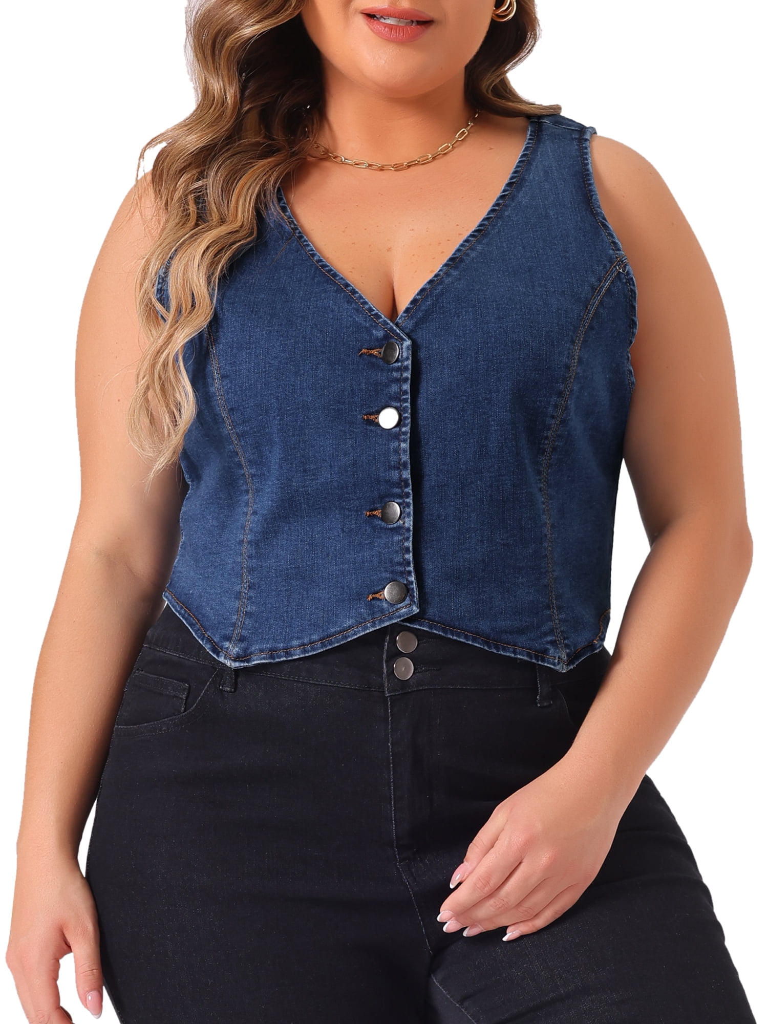 DARING DIVA Women's Plus Size Sleeveless V Neck Button Down Casual Denim Vest 3X Blue