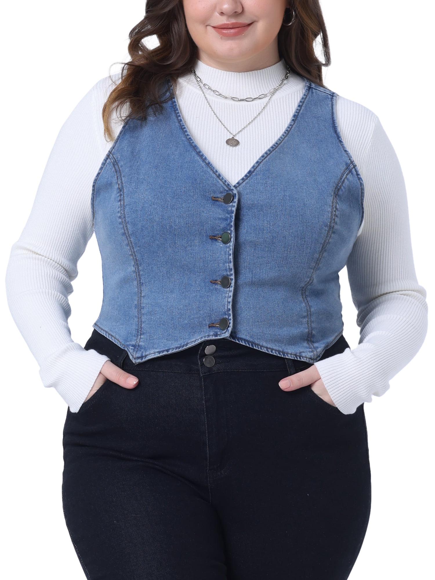DARING DIVA Women's Plus Size Sleeveless V Neck Button Down Denim Vest 1X Light Blue