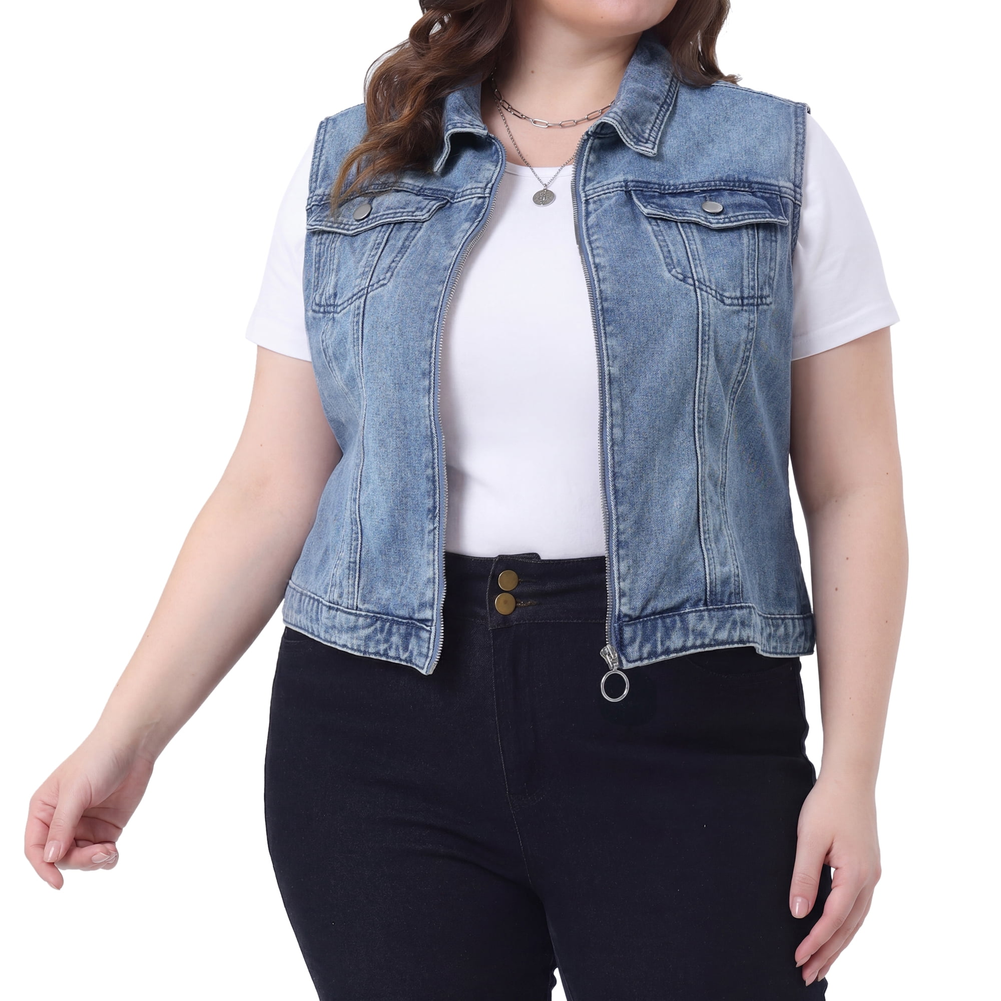 DARING DIVA Women's Plus Size Sleeveless Zip Up Button Down Jeans Vest 2X Gray Blue