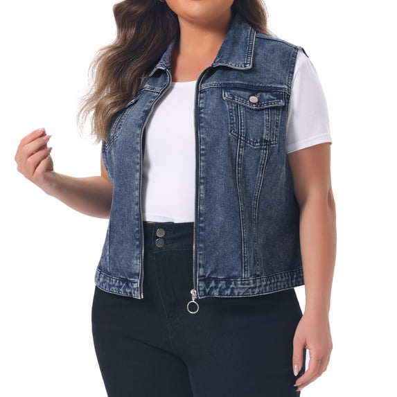 DARING DIVA Women's Plus Size Sleeveless Zip Up Button Down Jeans Vest 3X Washed Blue