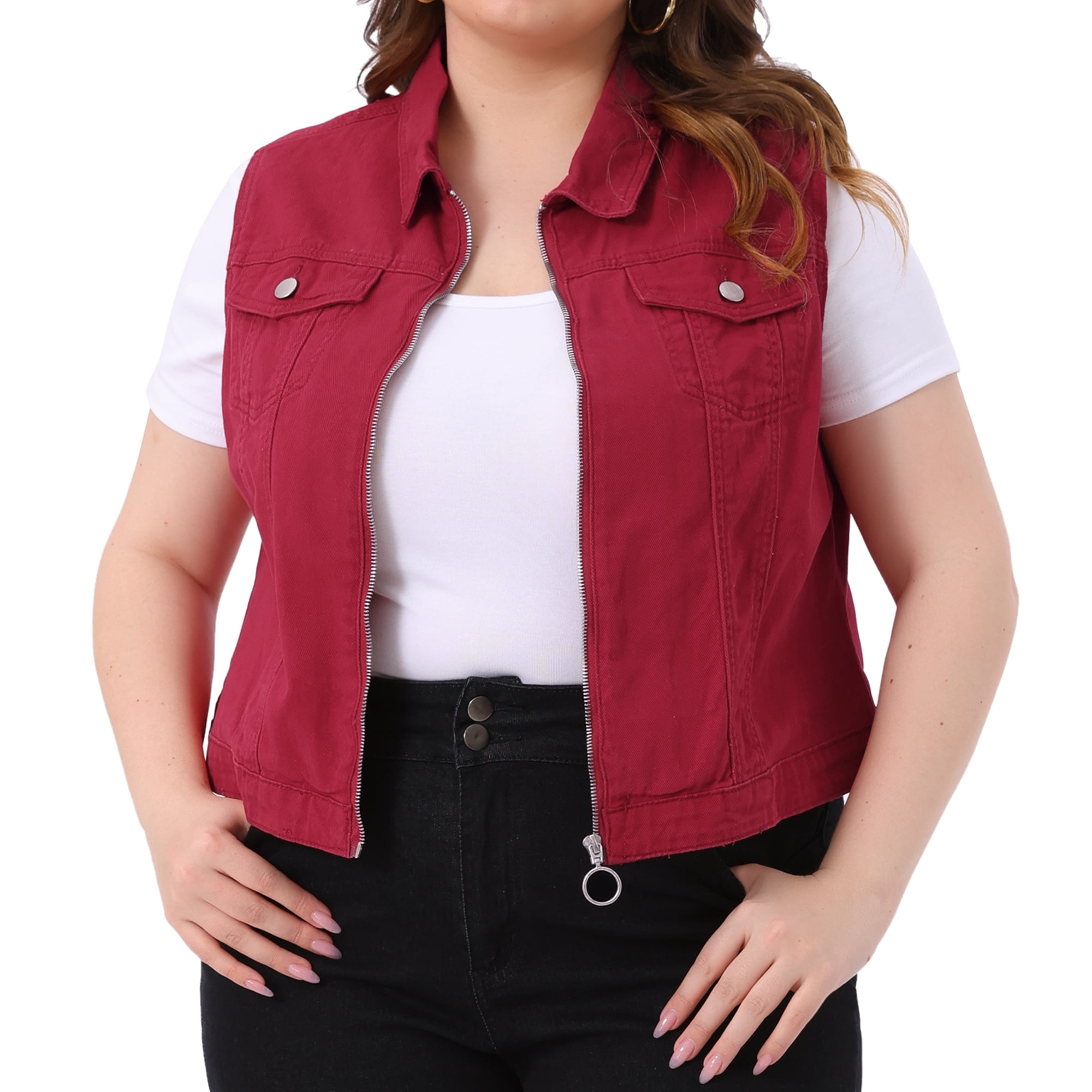 DARING DIVA Women's Plus Size Sleeveless Zip Up Button Down Jeans Vest 4X Burgundy
