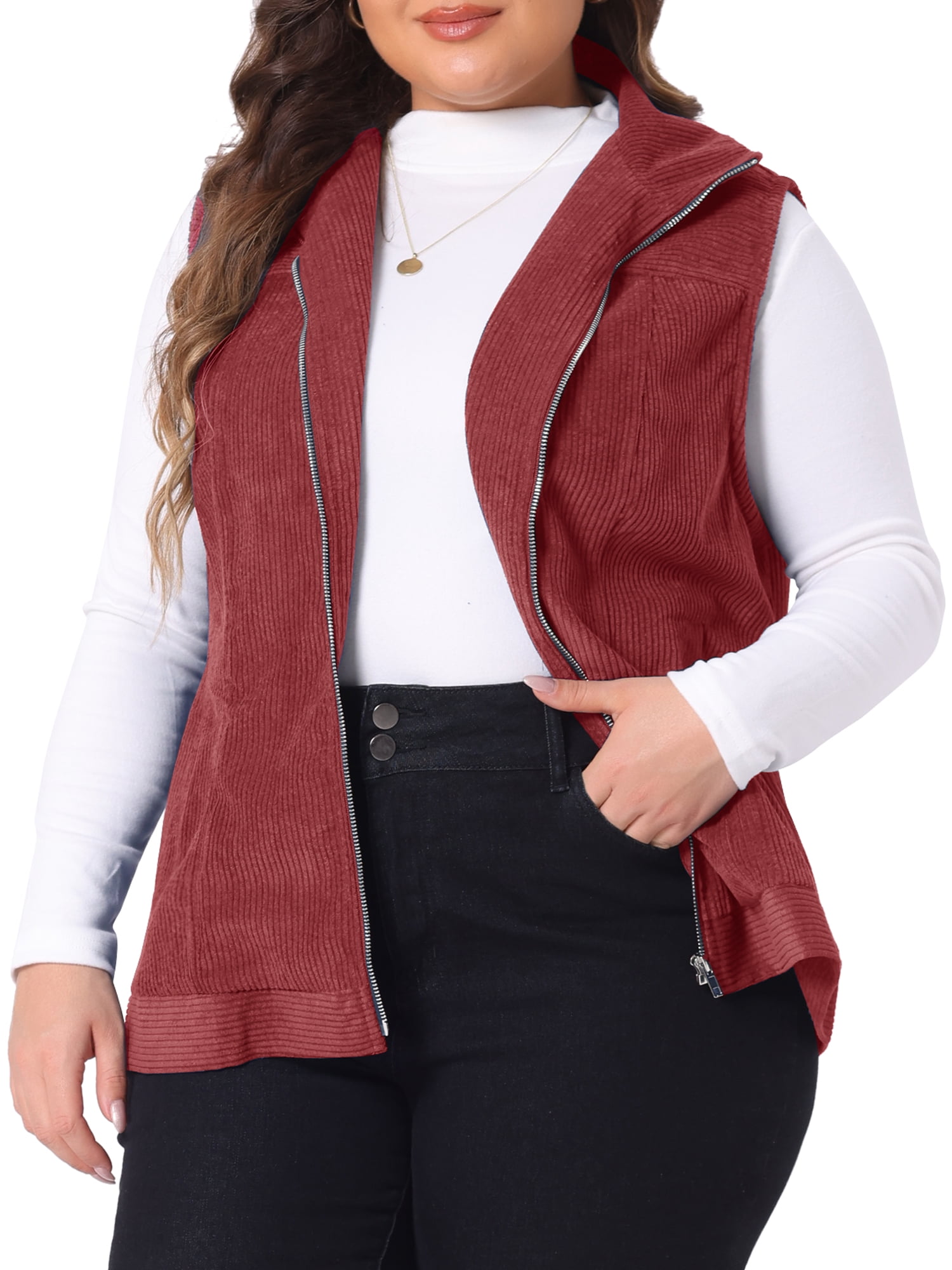 DARING DIVA Women's Plus Size Sleeveless Zipper Side Pocket Corduroy Vests 2X Burgundy