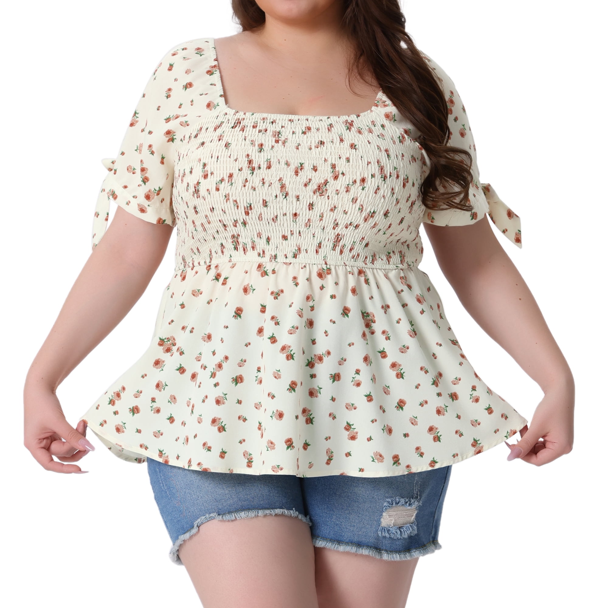 DARING DIVA Women's Plus Size Smocked Bow Tie Short Sleeve Peplum Blouse 3X Beige
