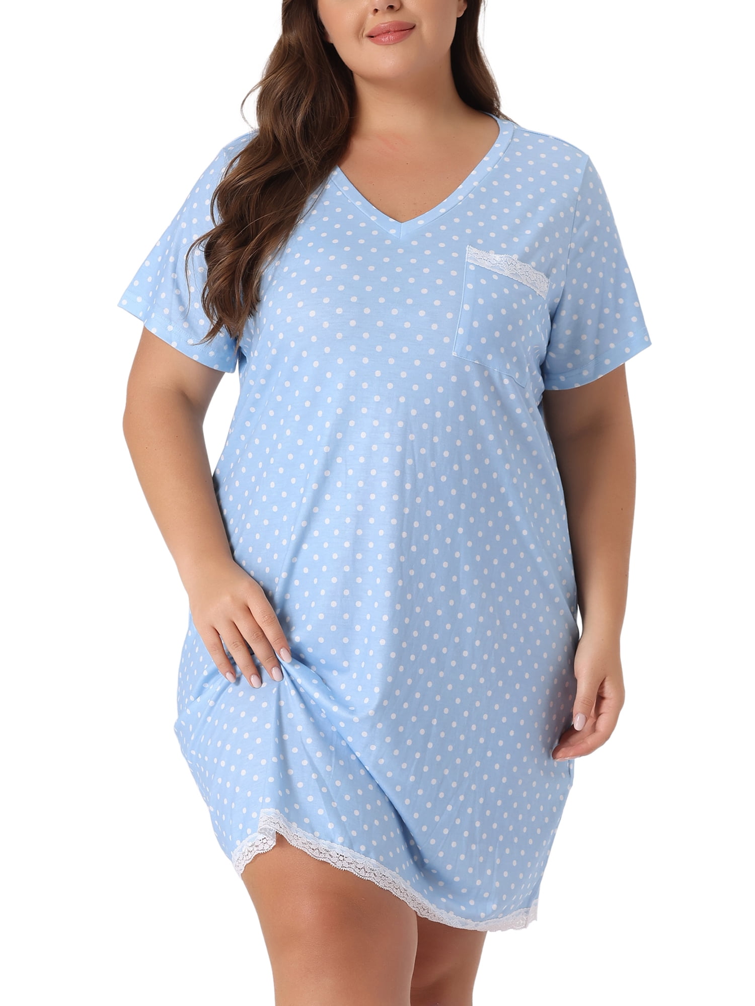 DARING DIVA Women's Plus Size Soft Short Sleeve Lace Trim Pajama Dress 2X Light Blue