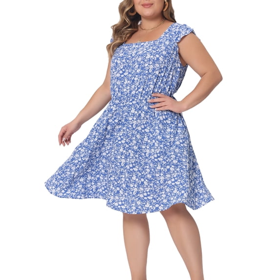 DARING DIVA Women's Plus Size Square Neck Ruffle Short Sleeve Midi Dress 2X Blue
