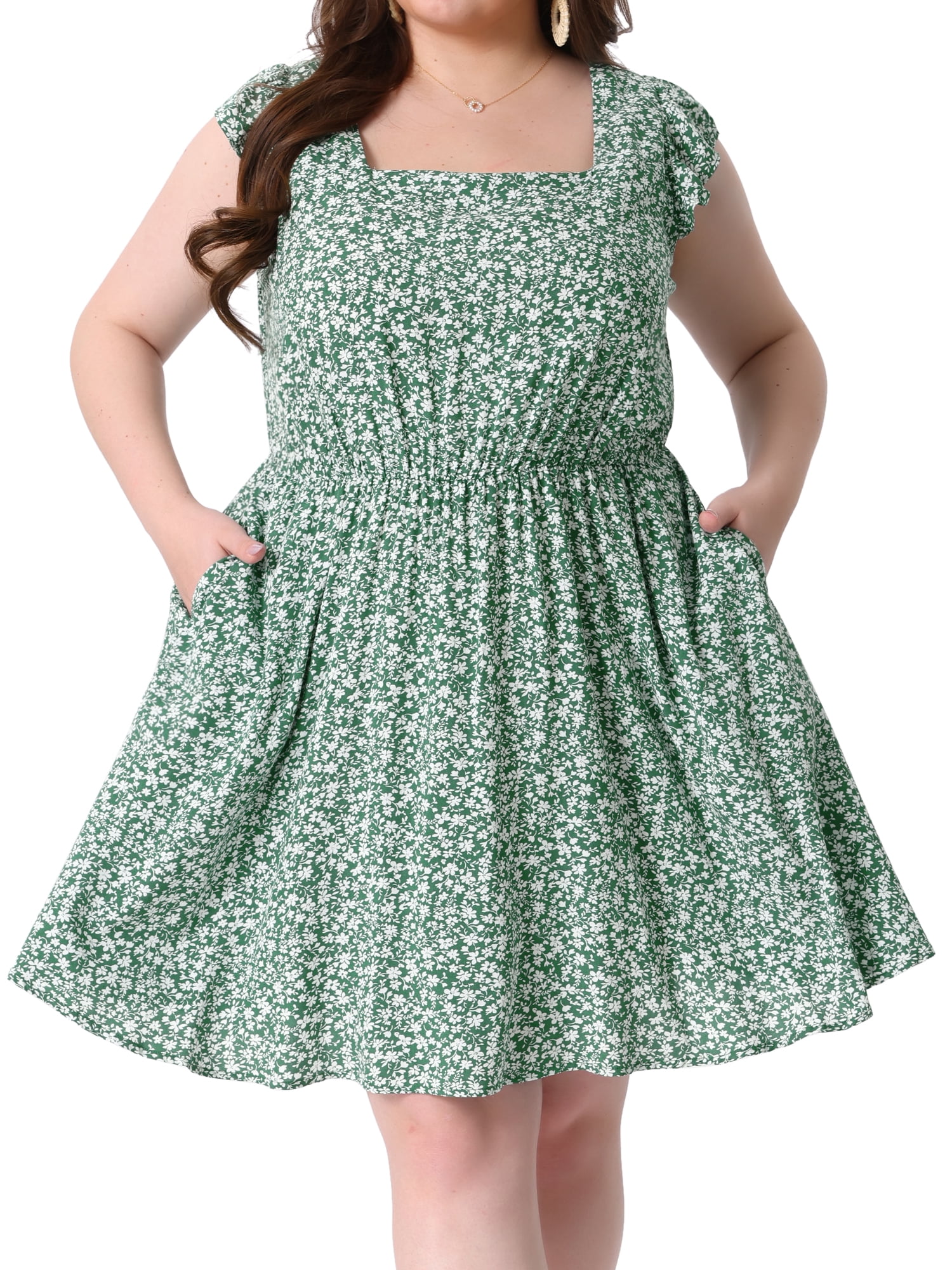 DARING DIVA Women's Plus Size Square Neck Ruffle Short Sleeve Midi Dress 3X Light Green
