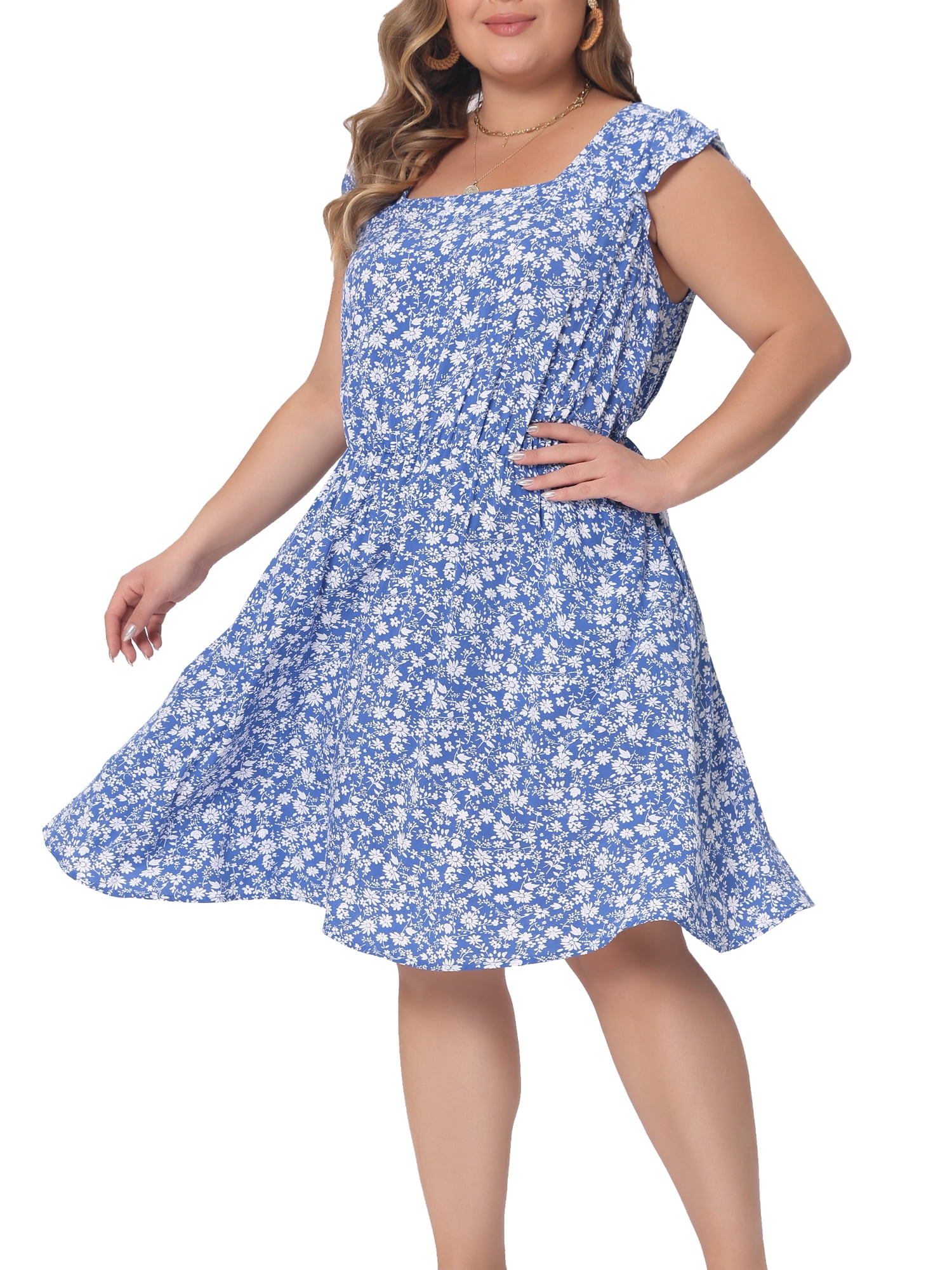 DARING DIVA Women's Plus Size Square Neck Ruffle Short Sleeve Midi Dress 4X Blue