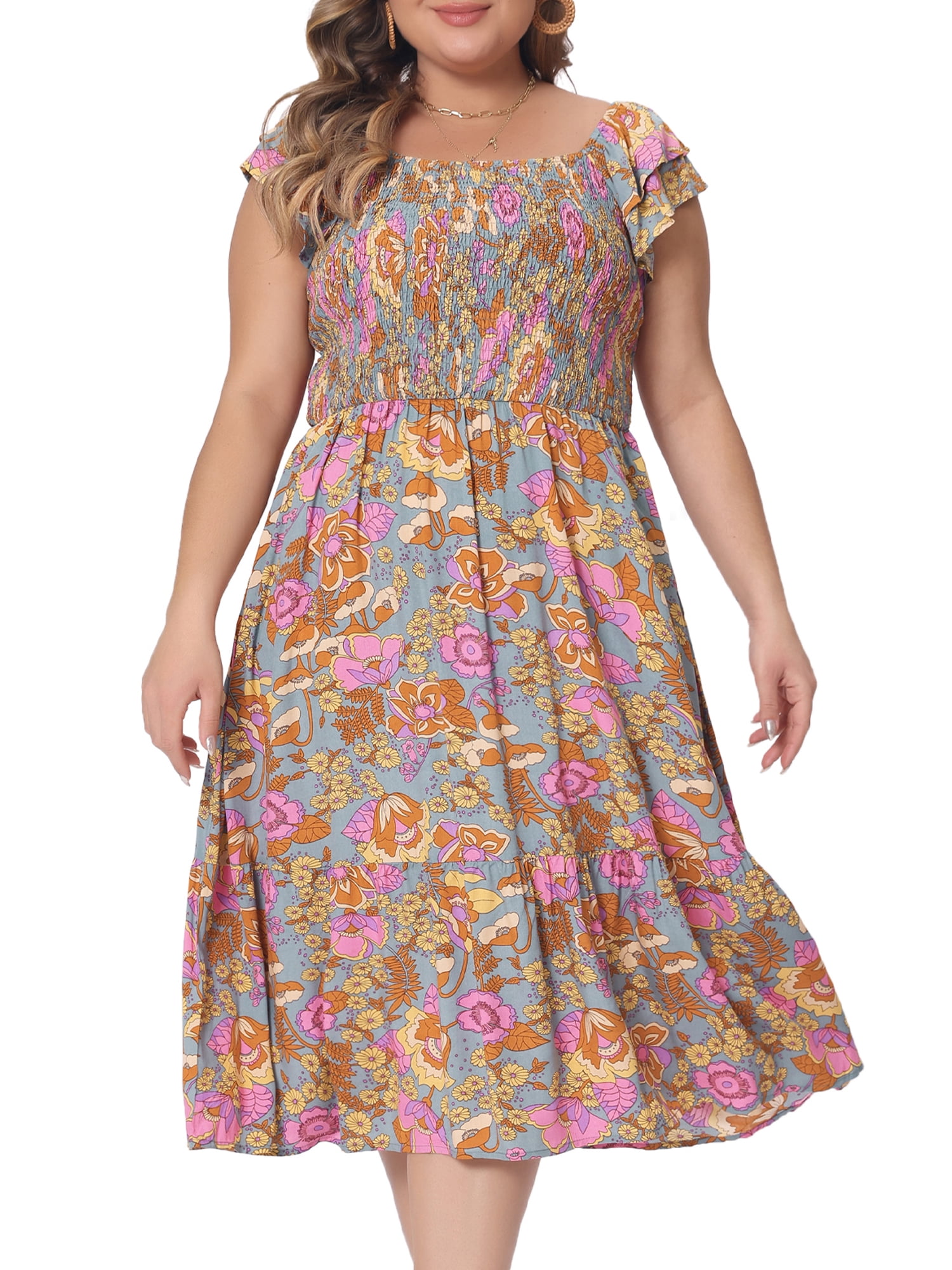DARING DIVA Women's Plus Size Square Neck and Flutter Sleeves Dress 3X Grey Green