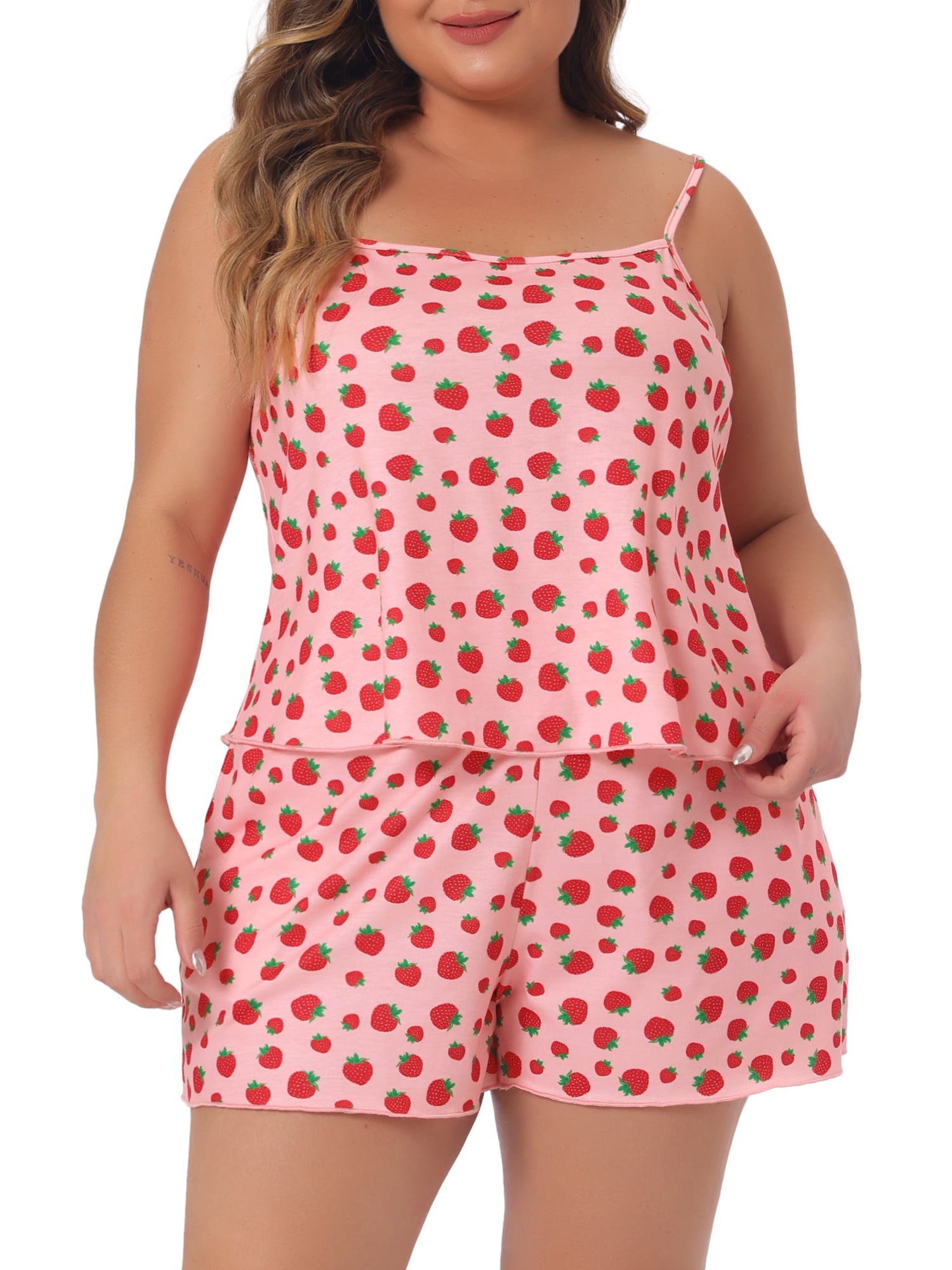 DARING DIVA Women's Plus Size Strawberry Pattern Pajamas Set 1X Pink