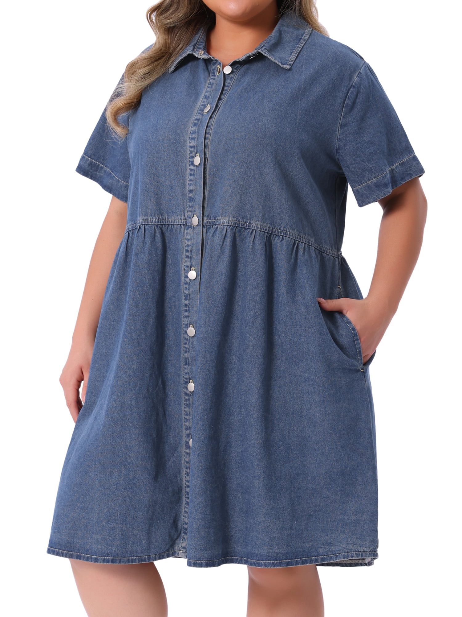 DARING DIVA Women's Plus Size Casual Denim Babydoll Pockets Dress 3X Gray Blue
