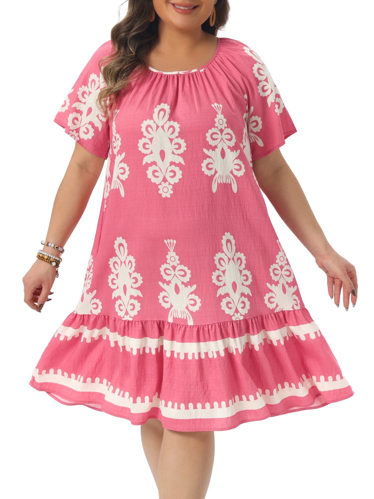 DARING DIVA Women's Plus Size Summer Boho Short Sleeve Flared Midi Dress 4X Pink