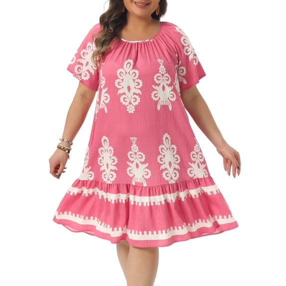 DARING DIVA Women's Plus Size Summer Boho Short Sleeve Flared Midi Dress 4X Pink