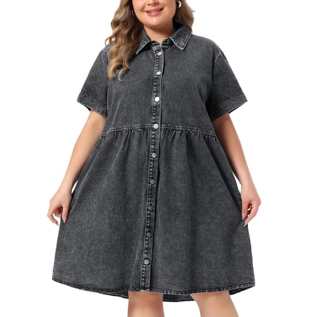 DARING DIVA Women's Plus Size Summer Casual Denim Babydoll Pockets Dress 1X Dark Grey