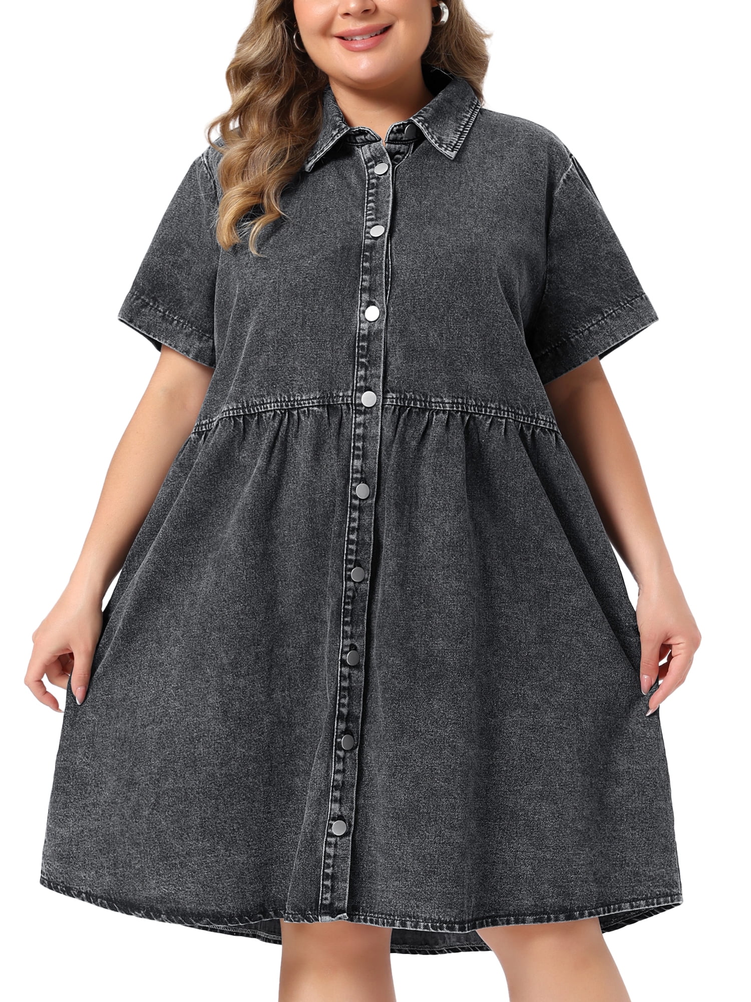 DARING DIVA Women's Plus Size Summer Casual Denim Babydoll Pockets Dress 4X Dark Grey