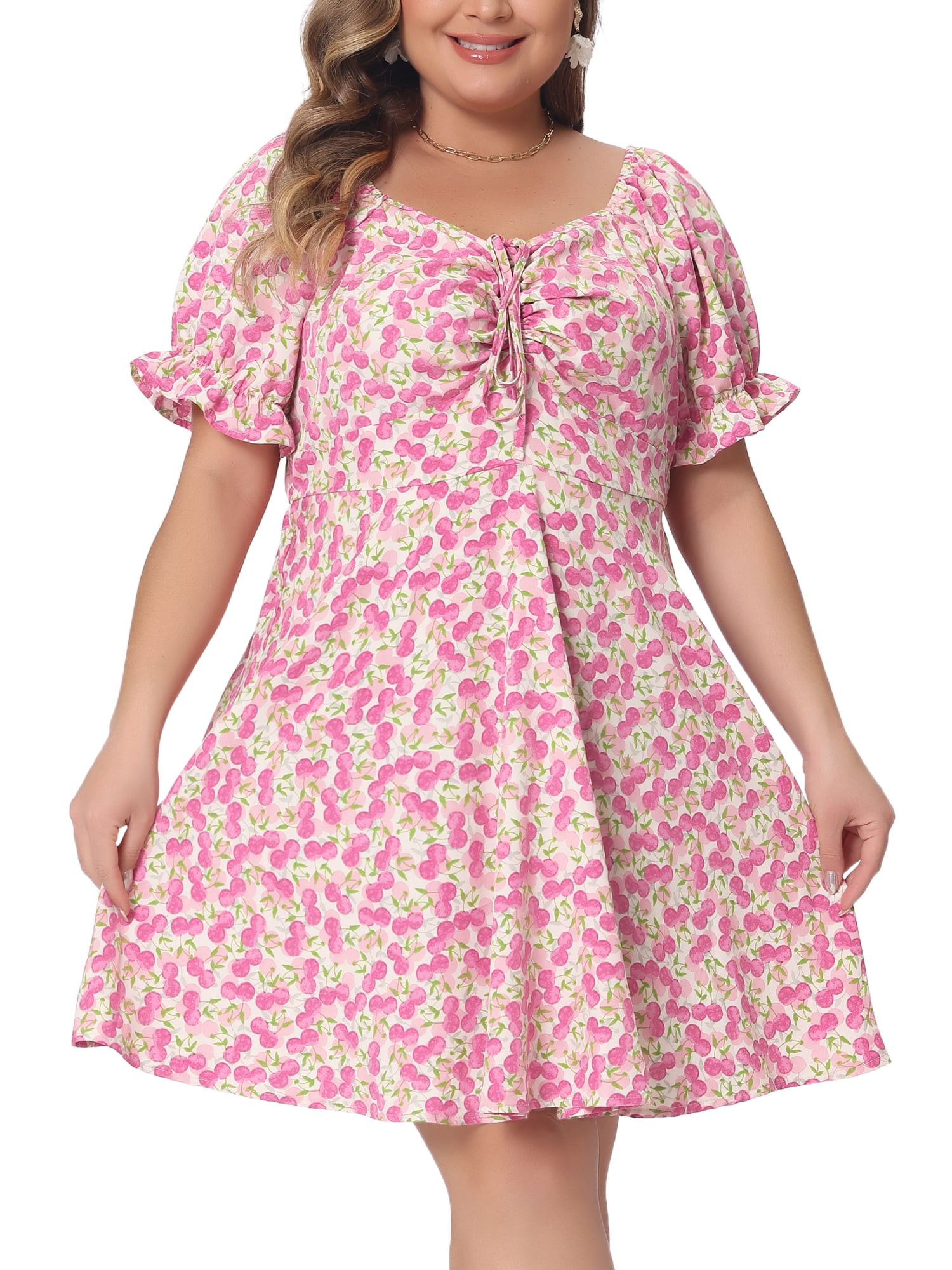 DARING DIVA Women's Plus Size Sweetheart Neck Puff Short Sleeve A Line Dress 1X Hot Pink