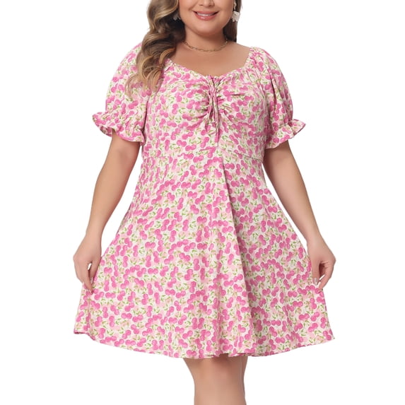 DARING DIVA Women's Plus Size Sweetheart Neck Puff Short Sleeve A Line Dress 2X Hot Pink