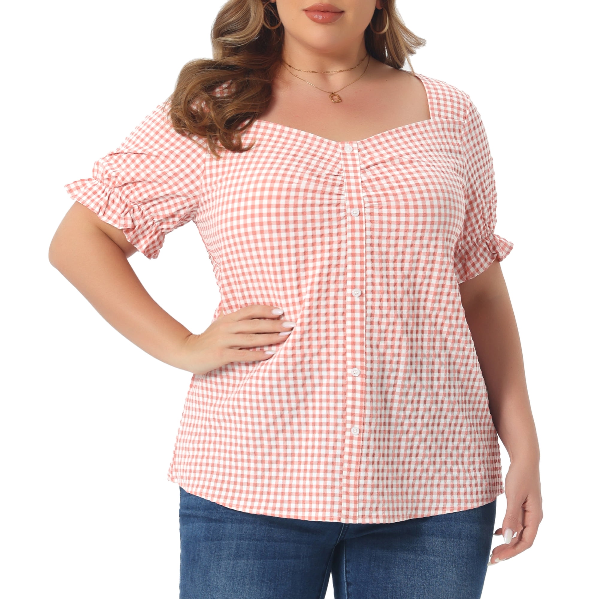 DARING DIVA Women's Plus Size Sweetheart V Neck Puff Short Sleeve Blouse 2X Pink