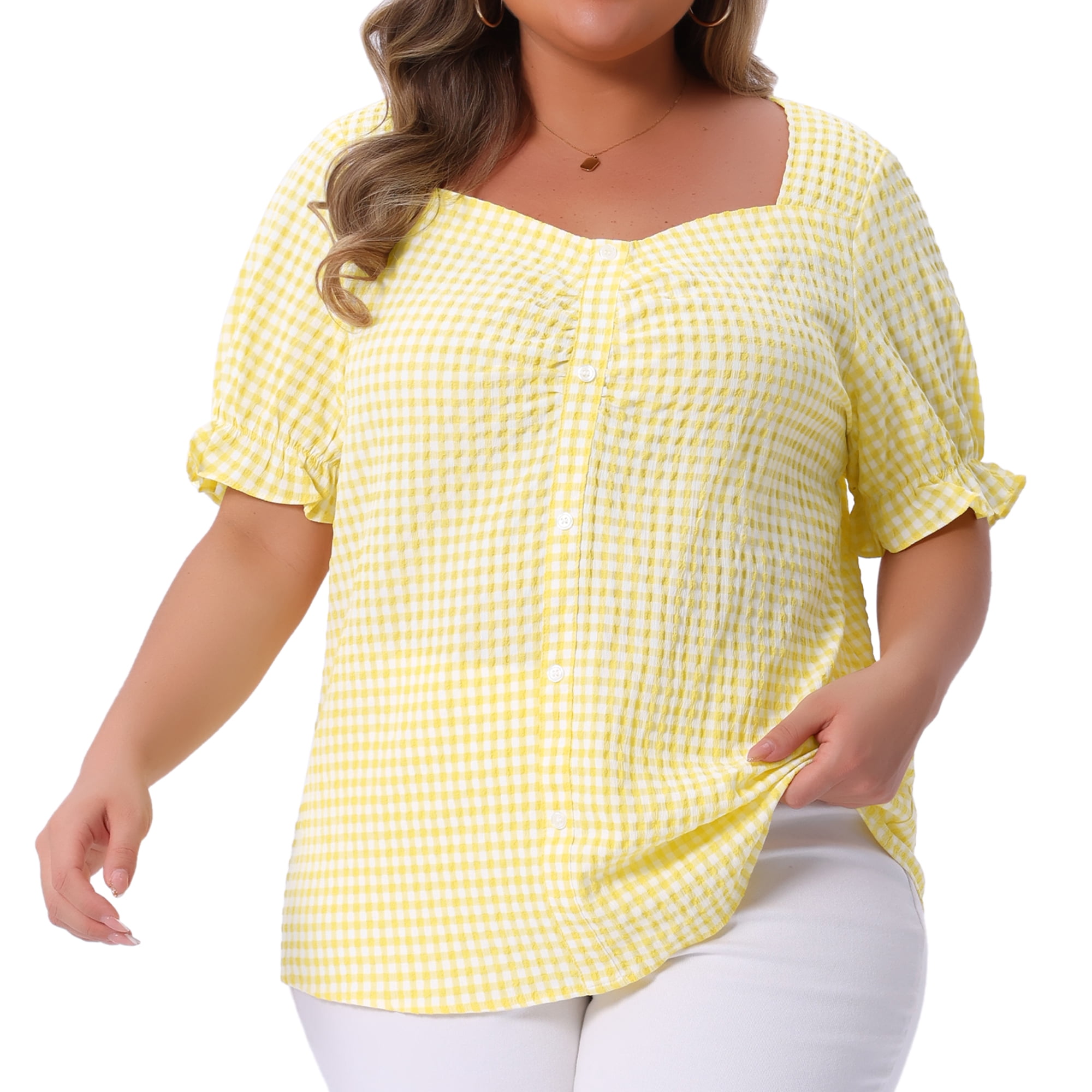 DARING DIVA Women's Plus Size Sweetheart V Neck Puff Short Sleeve Blouse 4X Light Yellow