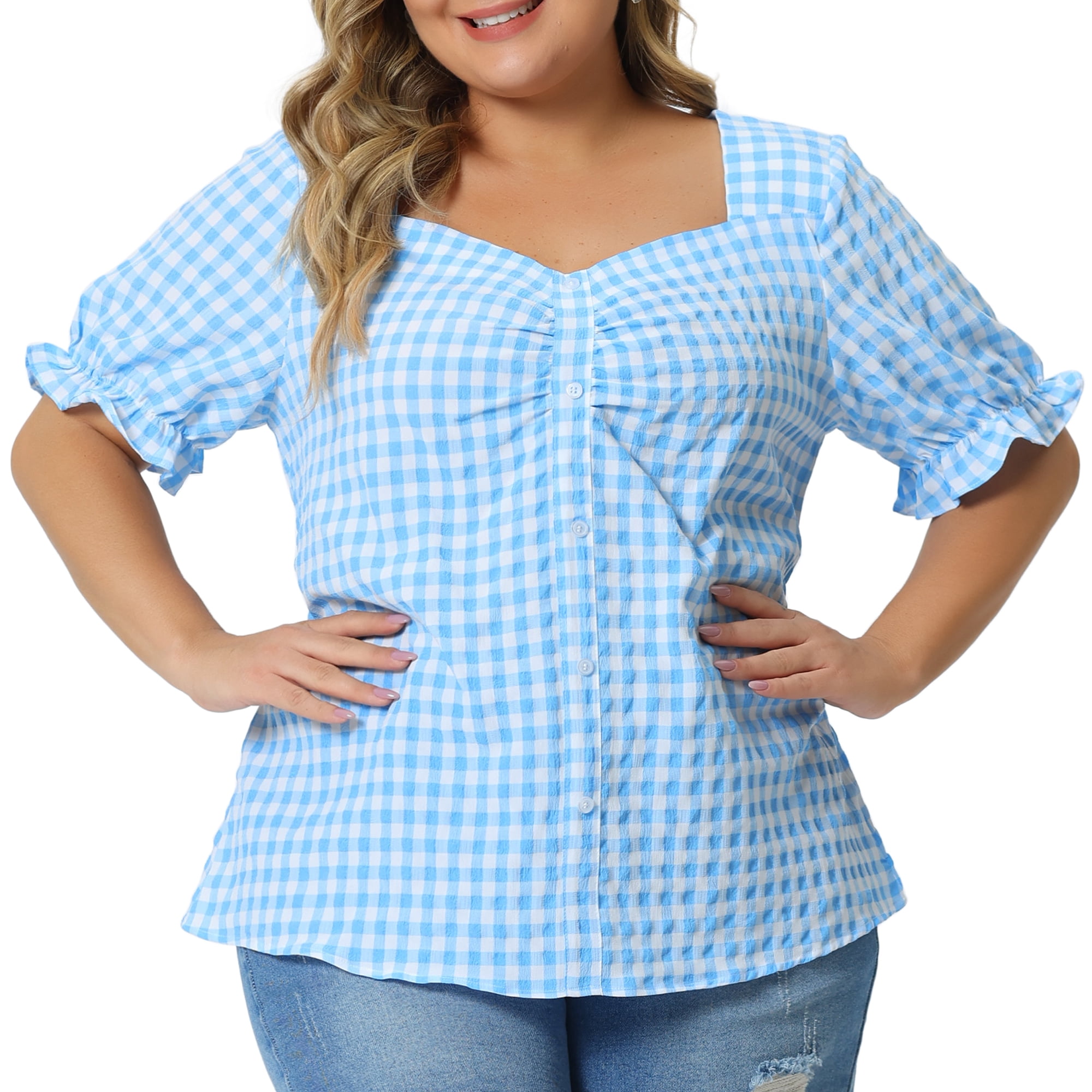 DARING DIVA Women's Plus Size Sweetheart V Neck Puff Short Sleeve Blouse 6X Blue