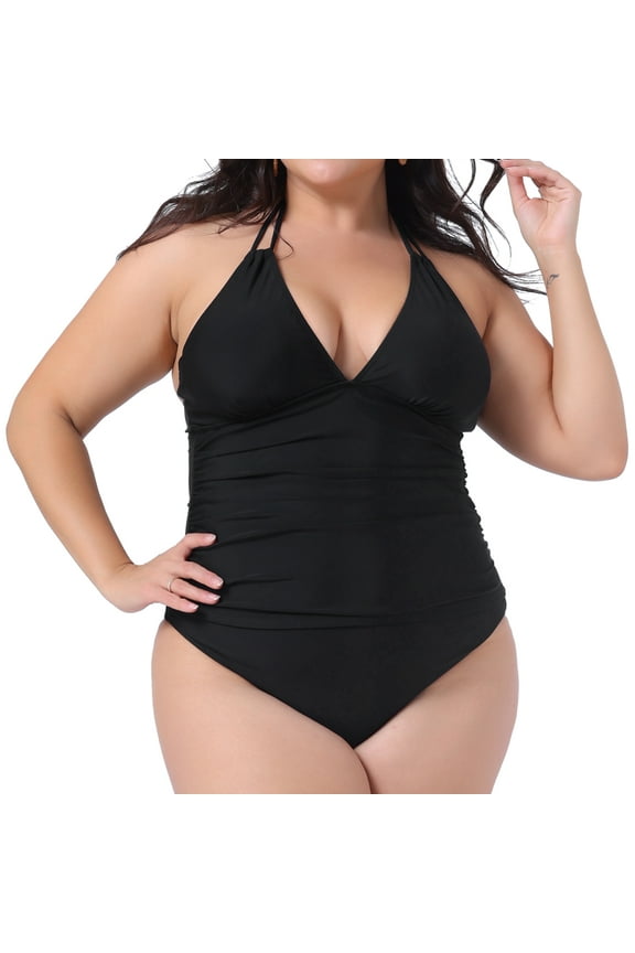 Women's Plus Size Tankini Swimsuit Halter Swimdress Large Black