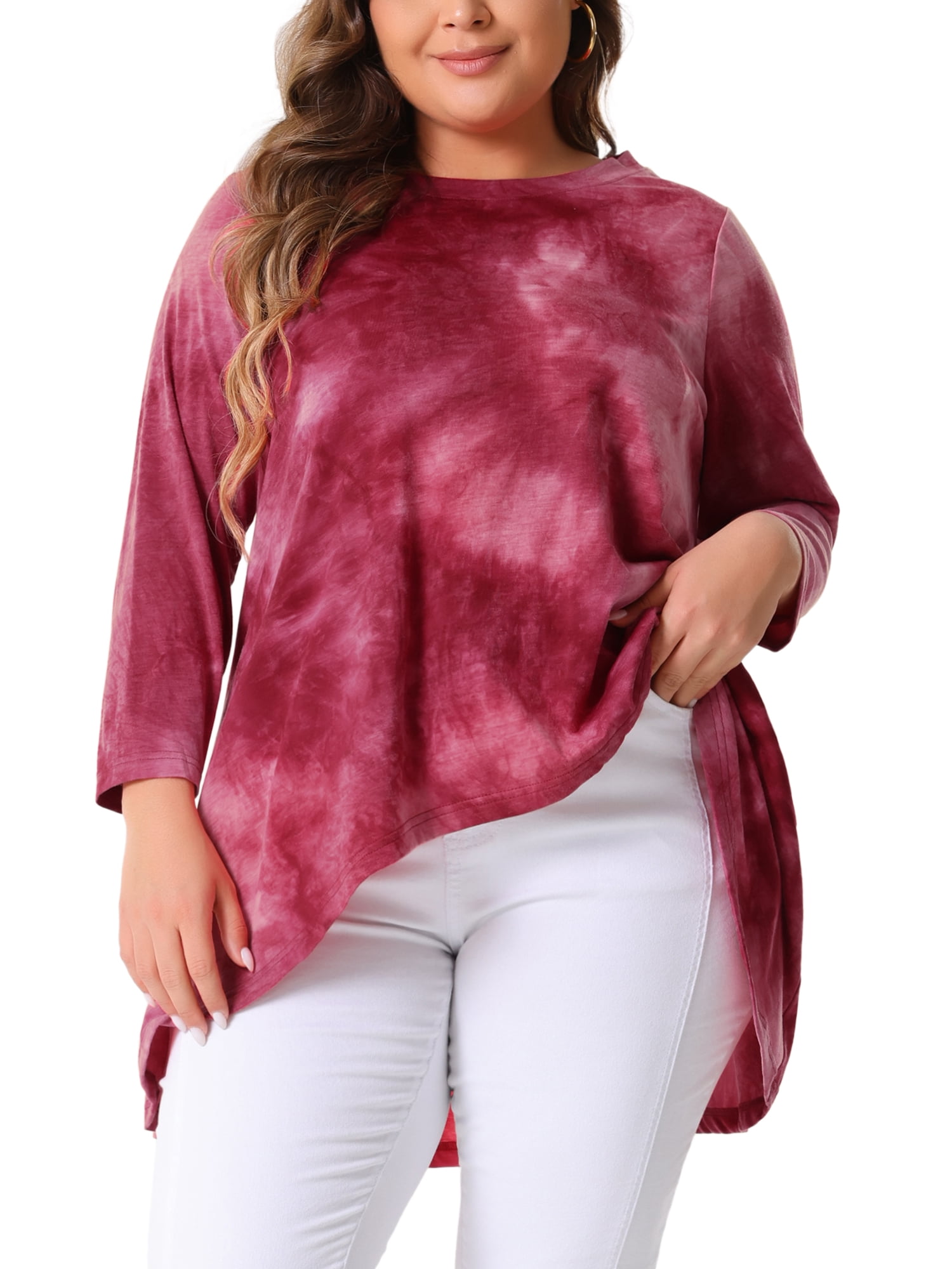 DARING DIVA Women's Plus Size Tie Dye High Low Tunic Tops 4X Burgundy