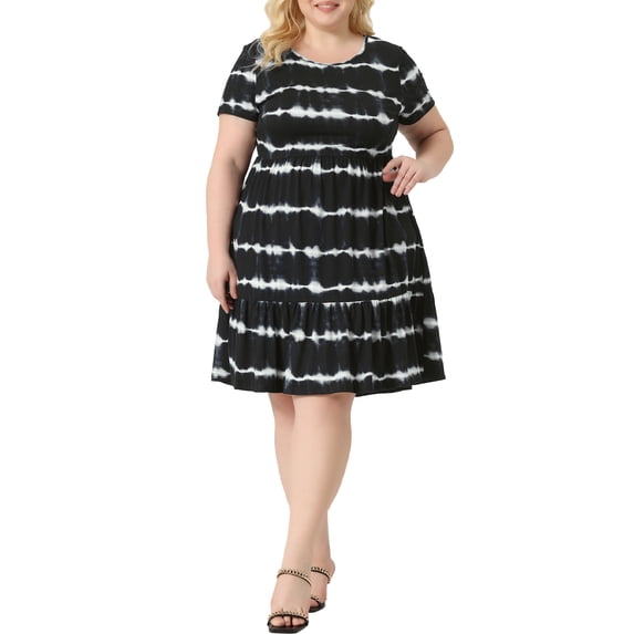 DARING DIVA Women's Plus Size Tie Dye Striped A Line Casual Swing T-Shirt Dress 2X Black