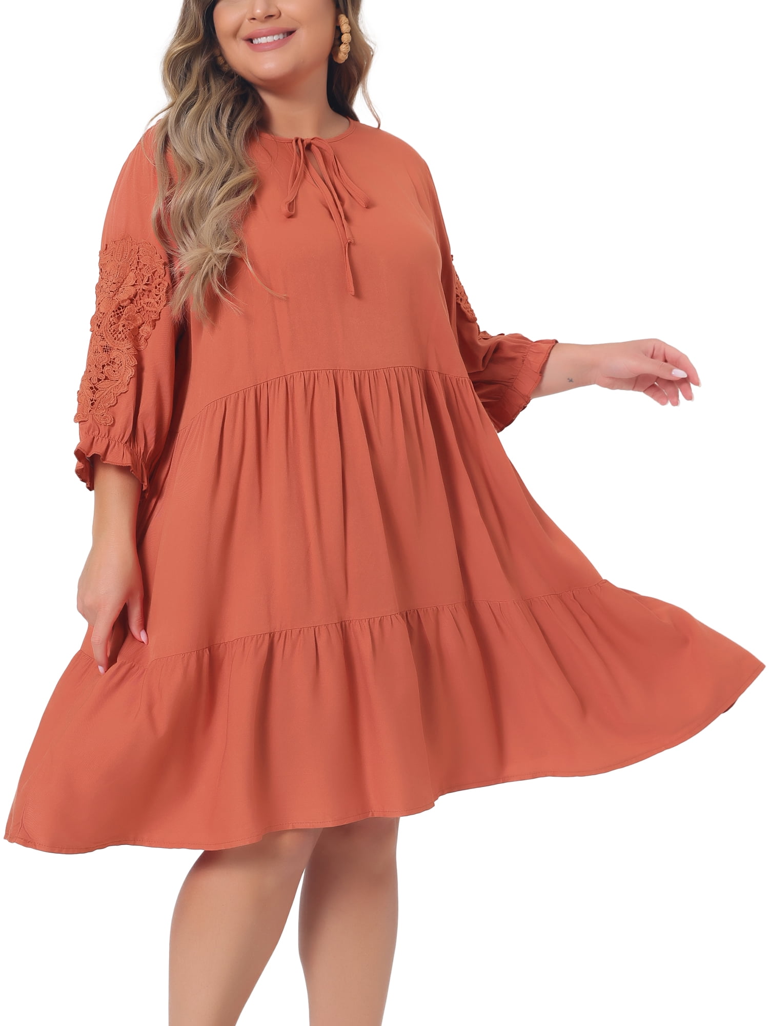 DARING DIVA Women's Plus Size Tie Neck Lace Sleeve  Ruffle Midi Flowy Dress 3X Orange