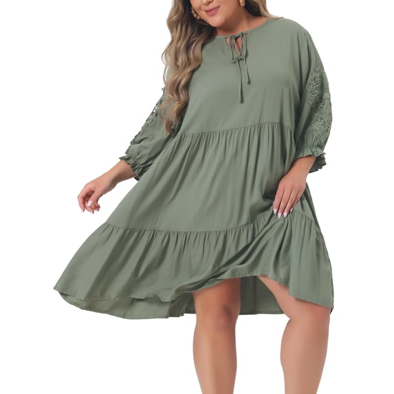 DARING DIVA Women's Plus Size Tie Neck Lace Sleeve Ruffle Midi Flowy Dress 4X Green