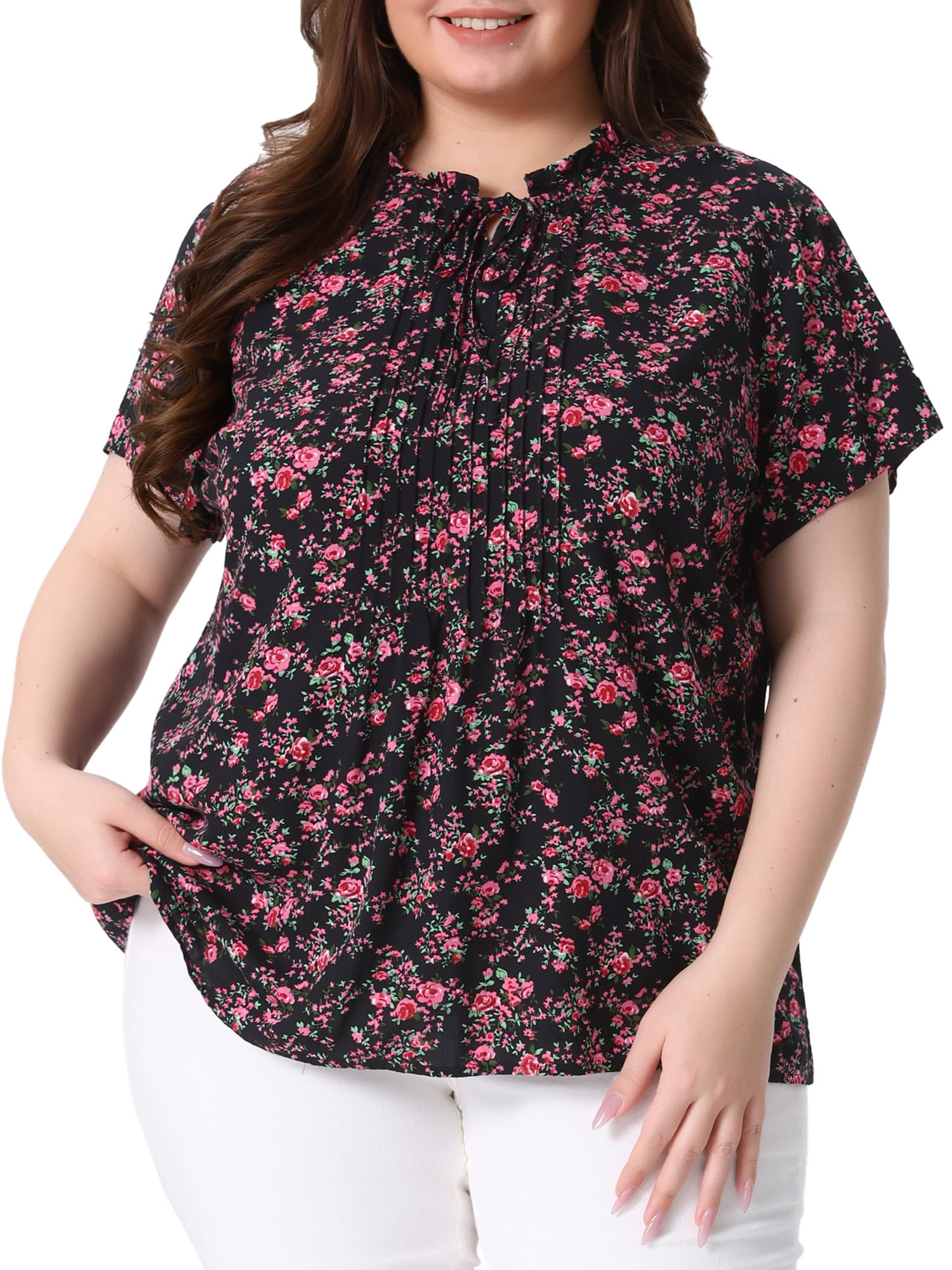 DARING DIVA Women's Plus Size Tie Neck Short Sleeve Pleated Floral Tops 3X Black Red