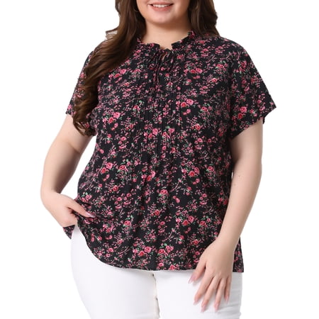 DARING DIVA Women's Plus Size Tie Neck Short Sleeve Pleated Floral Tops 4X Black Red