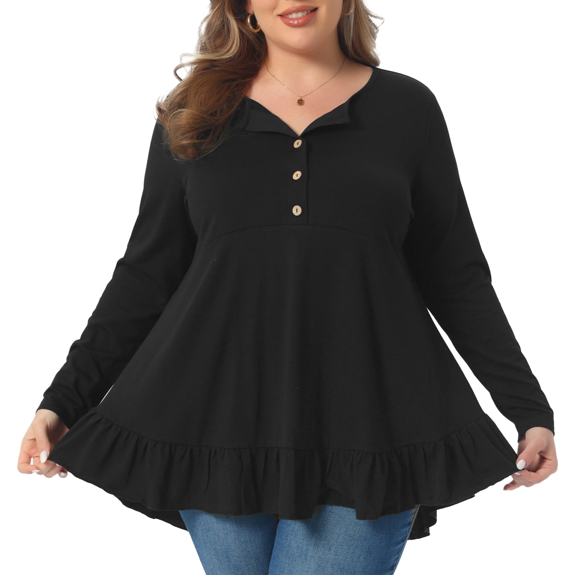 DARING DIVA Women's Plus Size Tunic Button Henley Blouses 1X Black