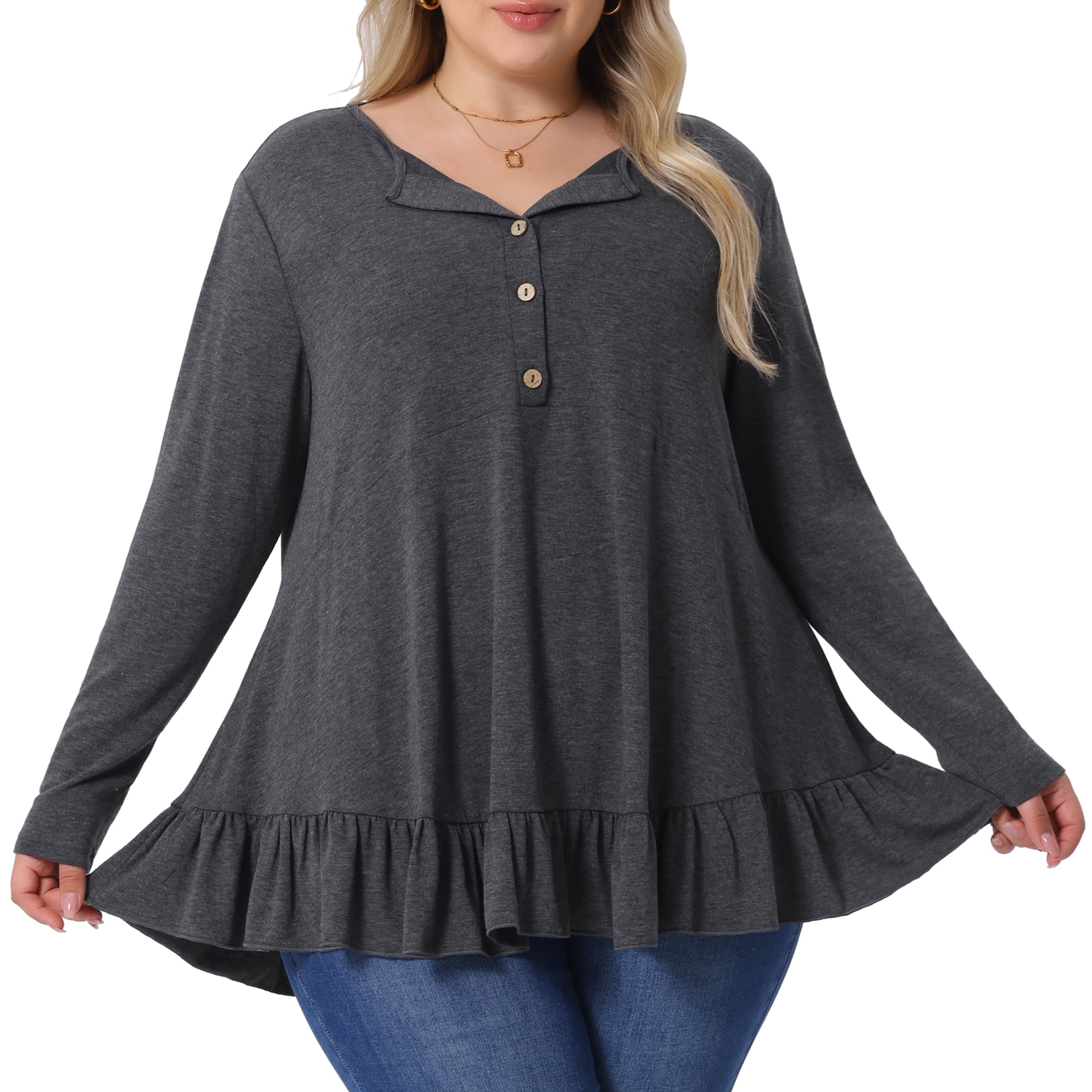 DARING DIVA Women' Plus Size Tunic Button Henley Blouses 1X Dark Gray