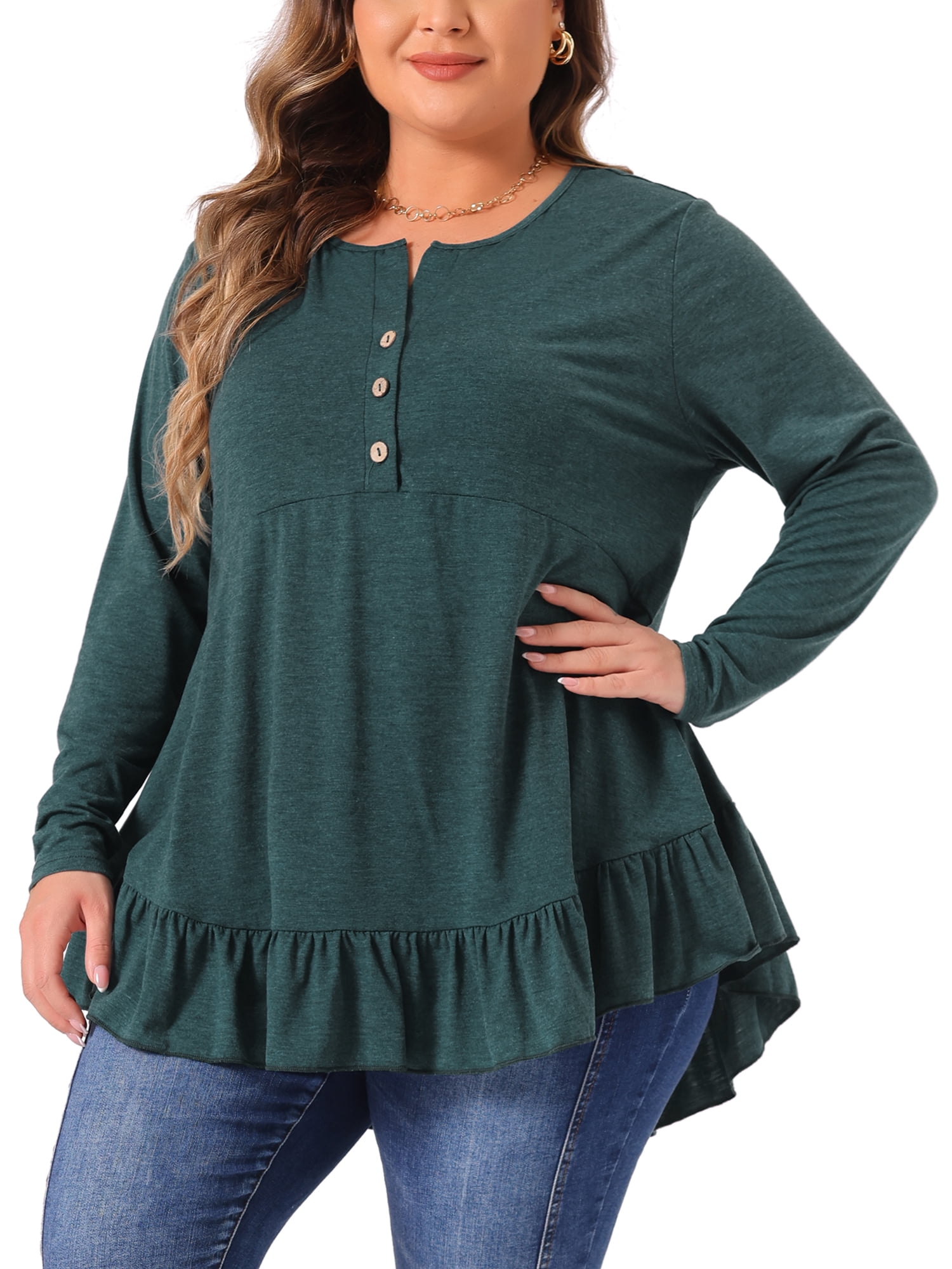 DARING DIVA Women' Plus Size Tunic Button Henley Blouses 3X Dark Green