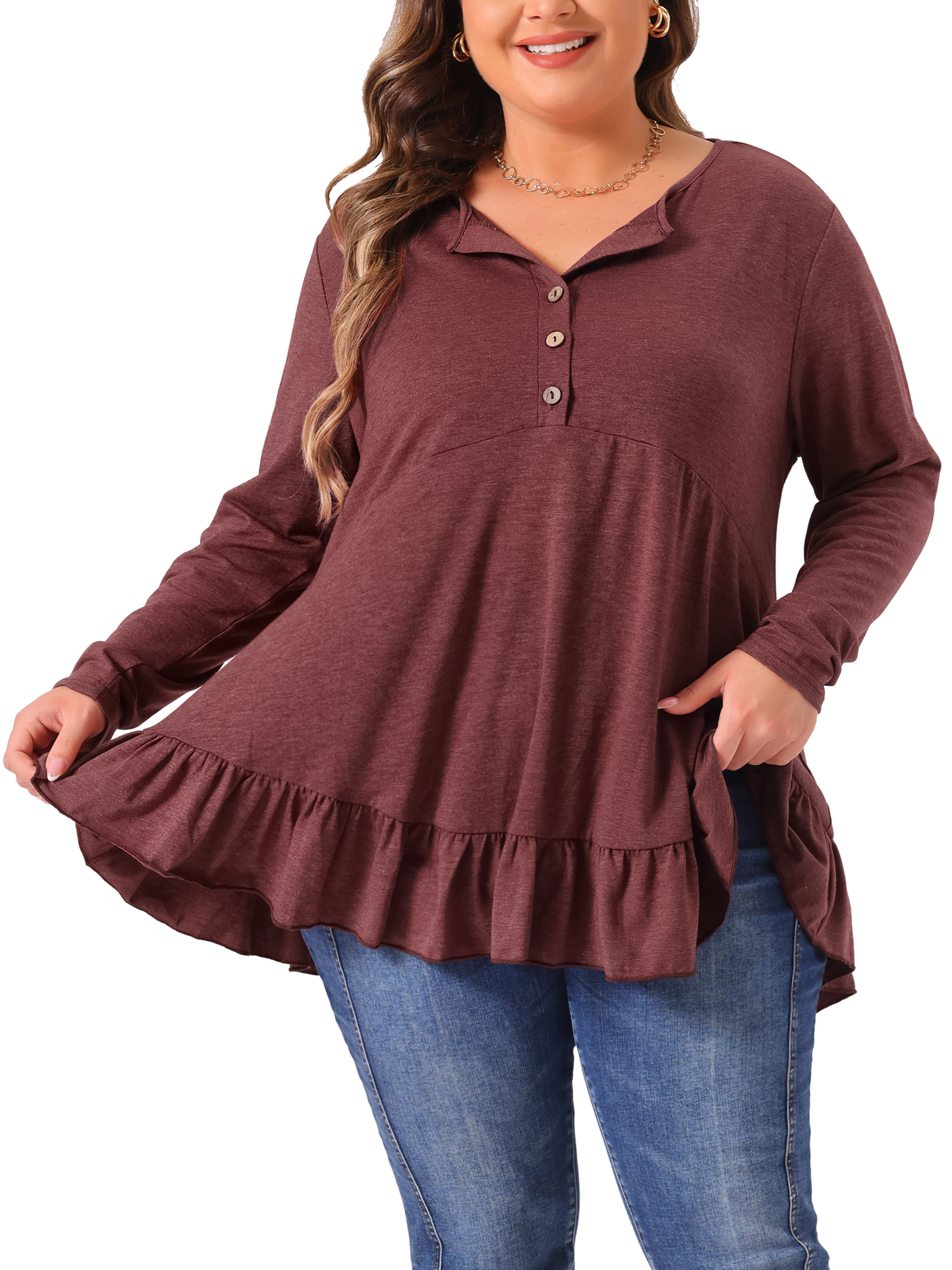 DARING DIVA Women' Plus Size Tunic Button Henley Blouses 4X Burgundy
