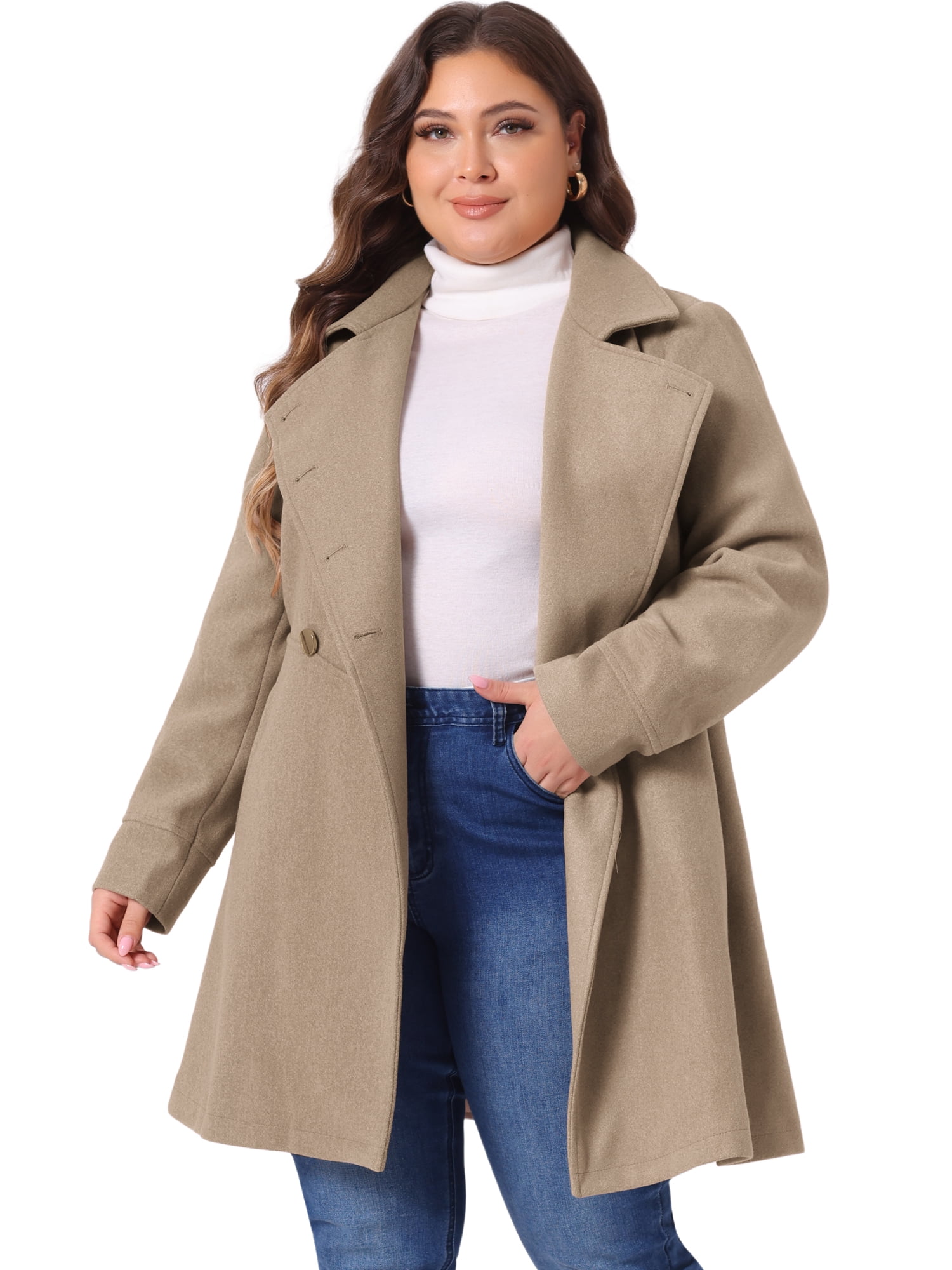 DARING DIVA Women's Plus Size Turn Down Collar Double Breasted A Line Coat 1X Light Brown