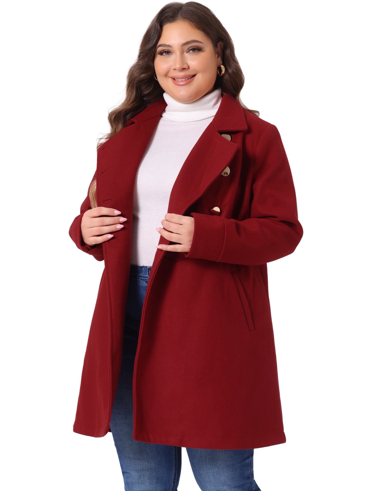DARING DIVA Women's Plus Size Turn Down Collar Double Breasted A Line Coat 2X Dark Red