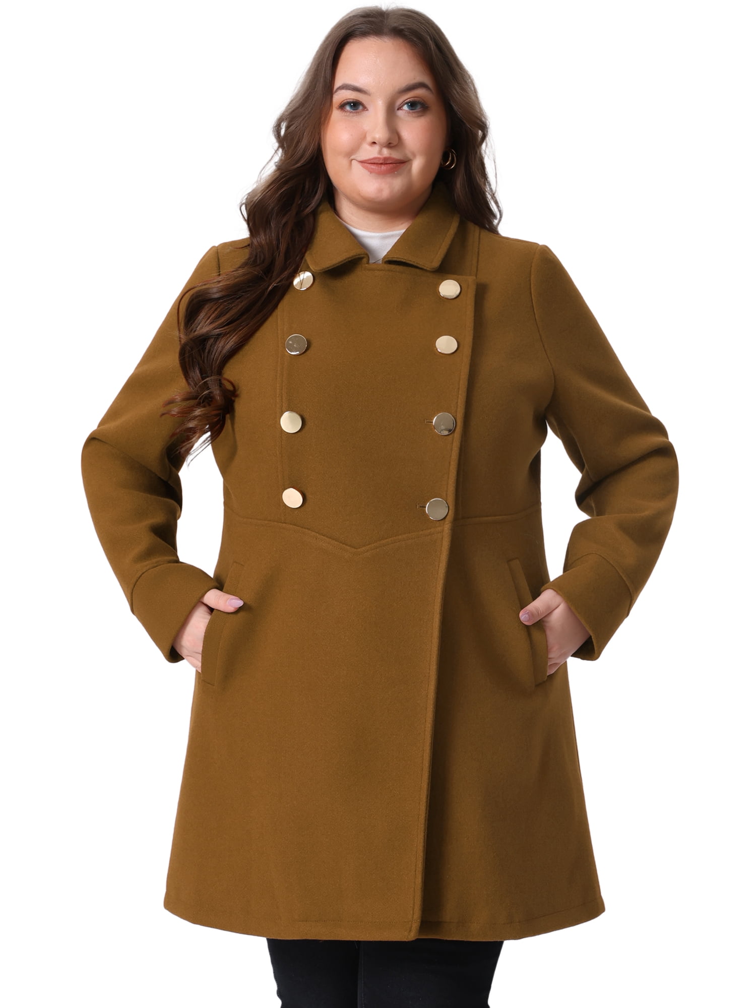 DARING DIVA Women's Plus Size Turn Down Collar Double Breasted A Line Coat 2X Deep Brown