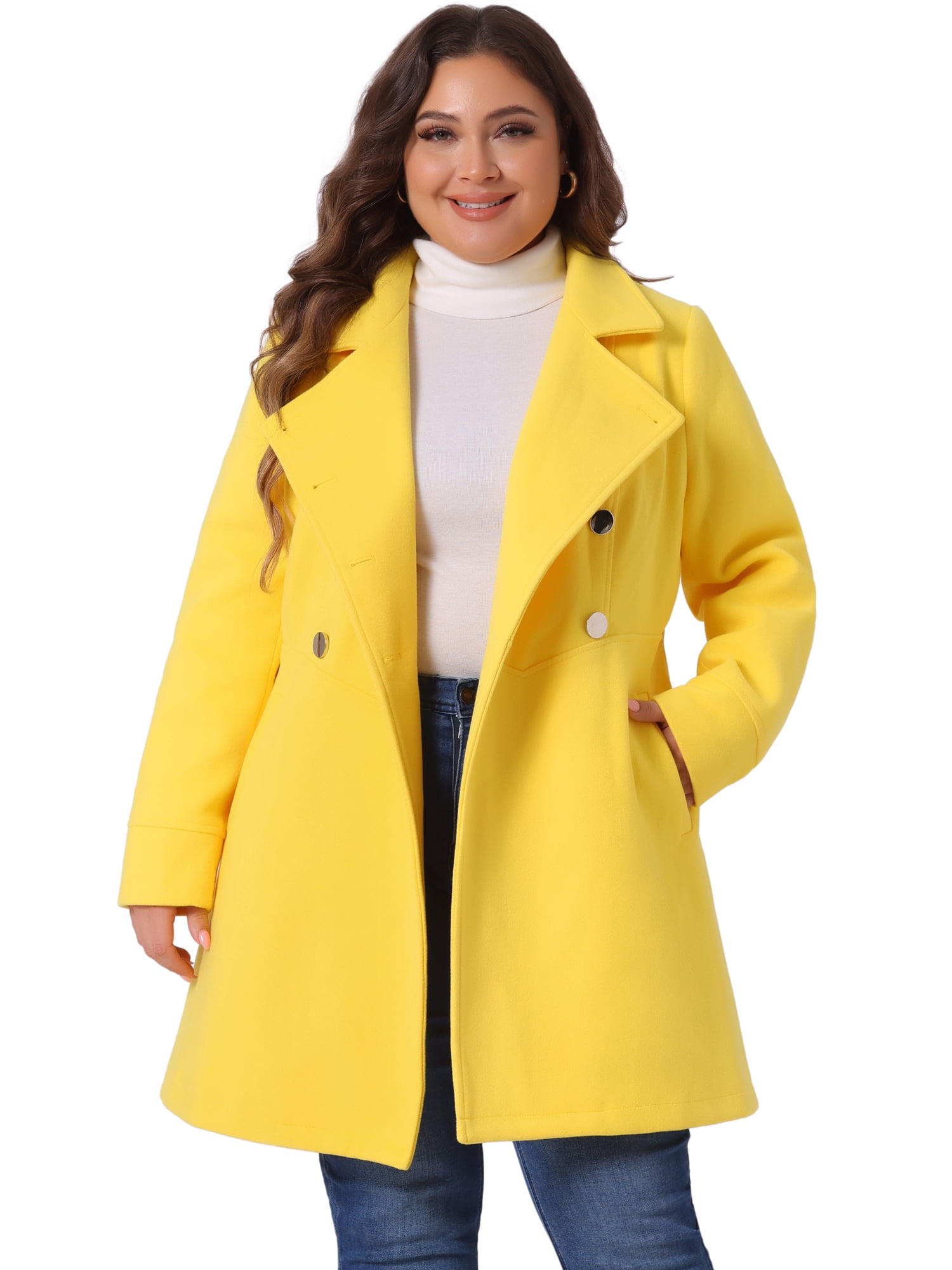 DARING DIVA Women's Plus Size Turn Down Collar Double Breasted A Line Coat 4X Yellow