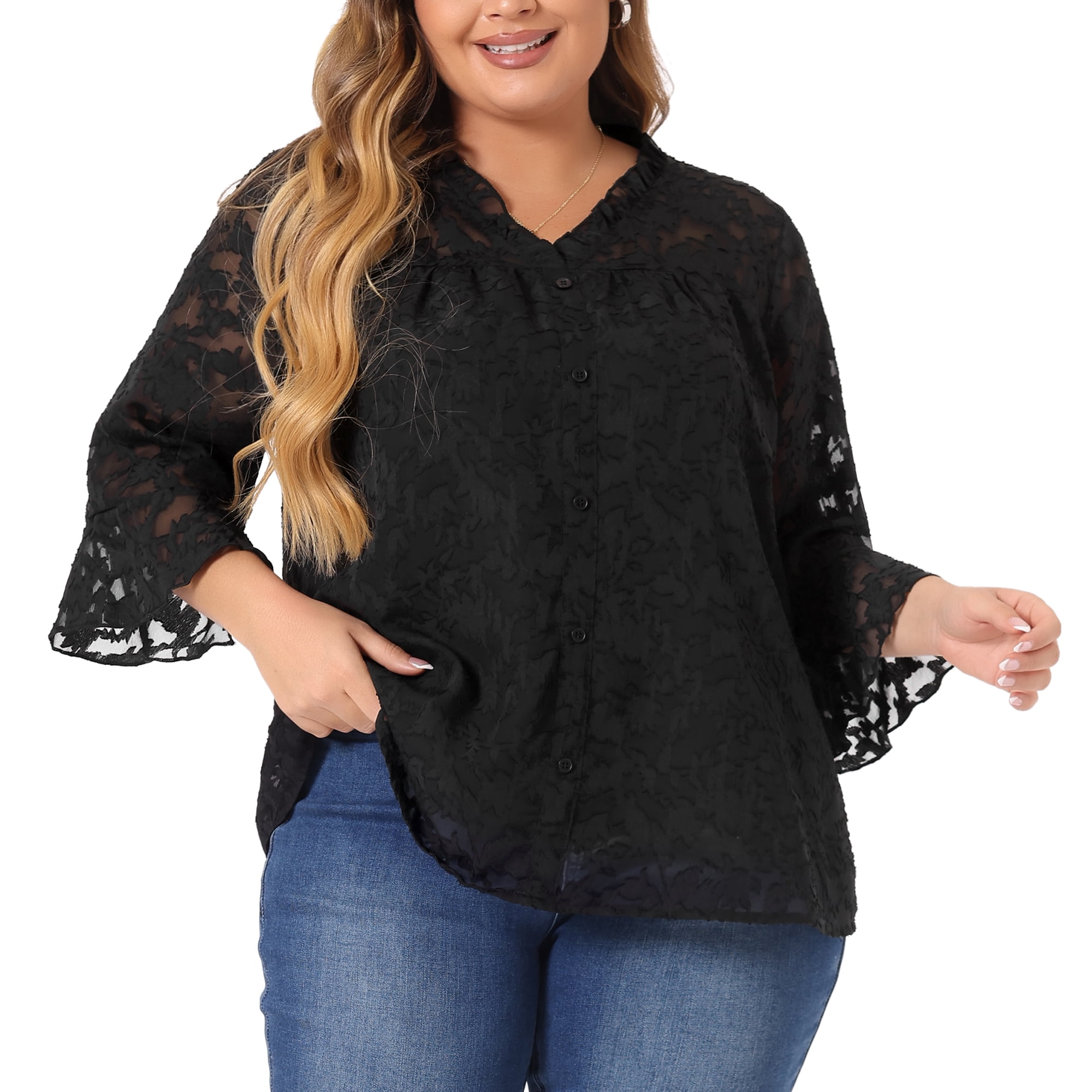 DARING DIVA Women's Plus Size V Neck 3/4 Bell Sleeve Semi Sheer Blouses 4X Black