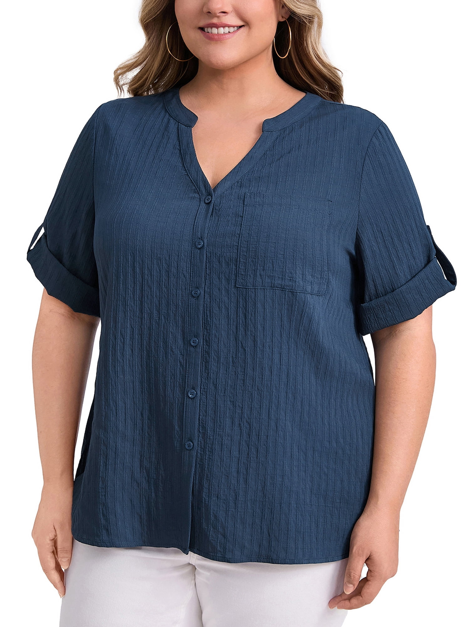 DARING DIVA Women's Plus Size V Neck 3/4 Sleeve Button Down Casual Blouse 1X Dark Blue