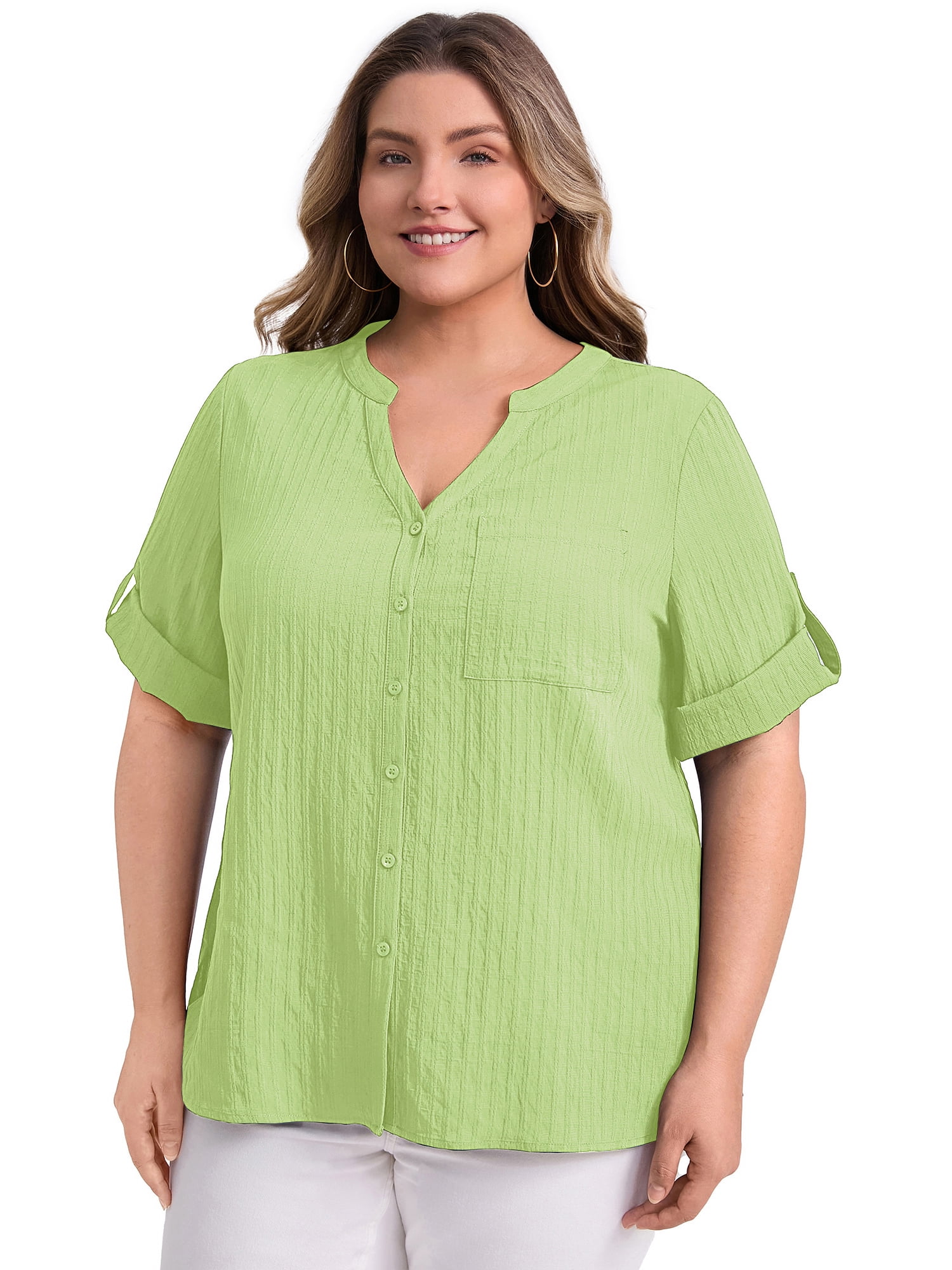 DARING DIVA Women's Plus Size V Neck 3/4 Sleeve Button Down Casual Blouse 1X Light Green