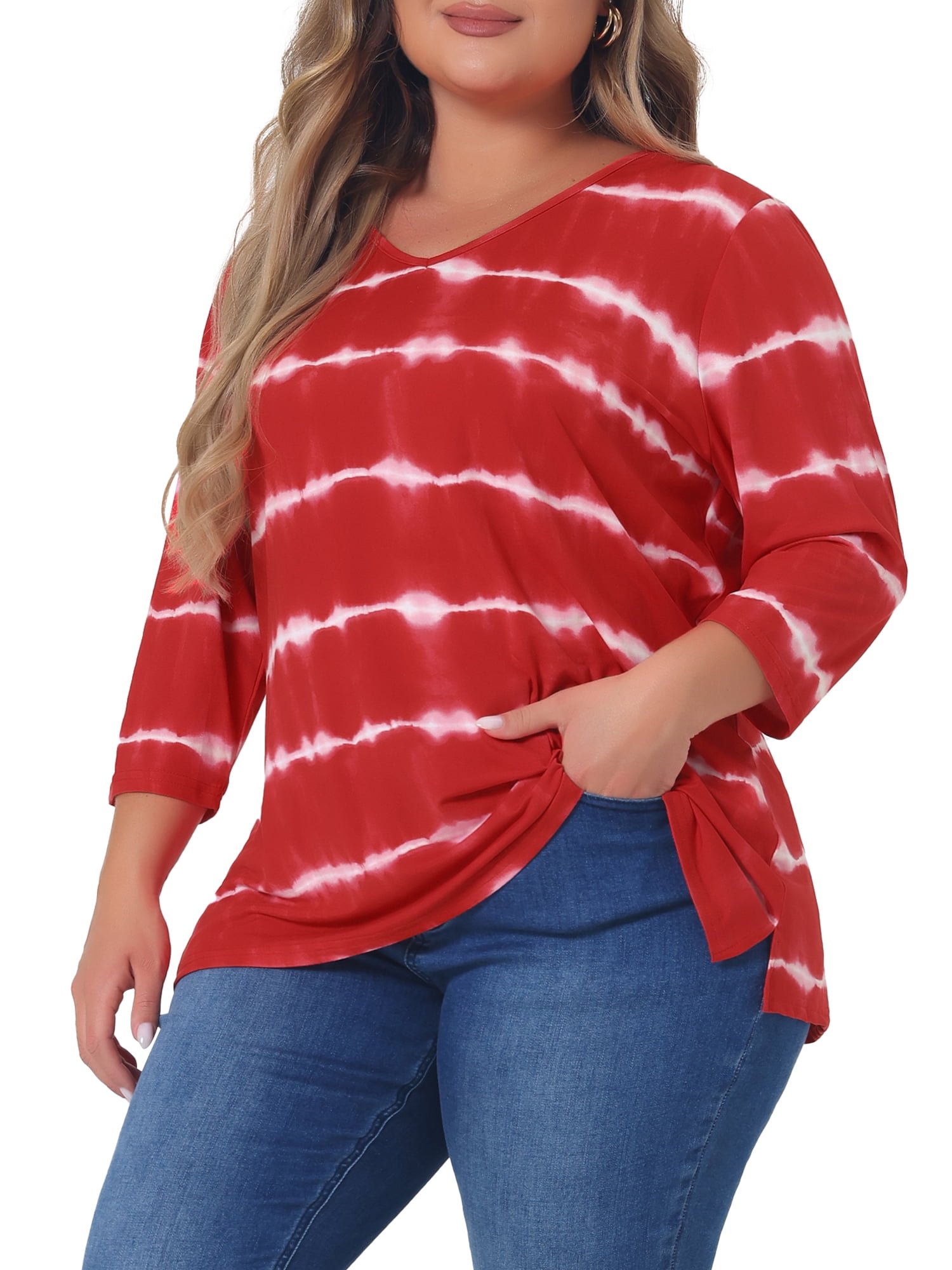 DARING DIVA Women's Plus Size V Neck 3/4 Sleeve Striped Tie Dye Blouse 4X Red