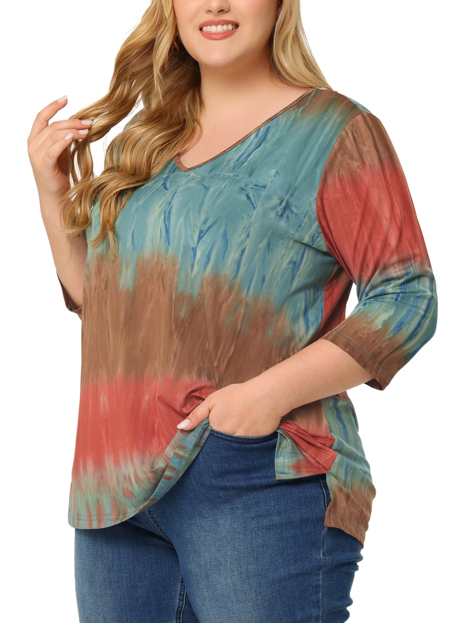 DARING DIVA Women's Plus Size V Neck 3/4 Sleeve Striped Tie Dye Blouse 6X Multicolor
